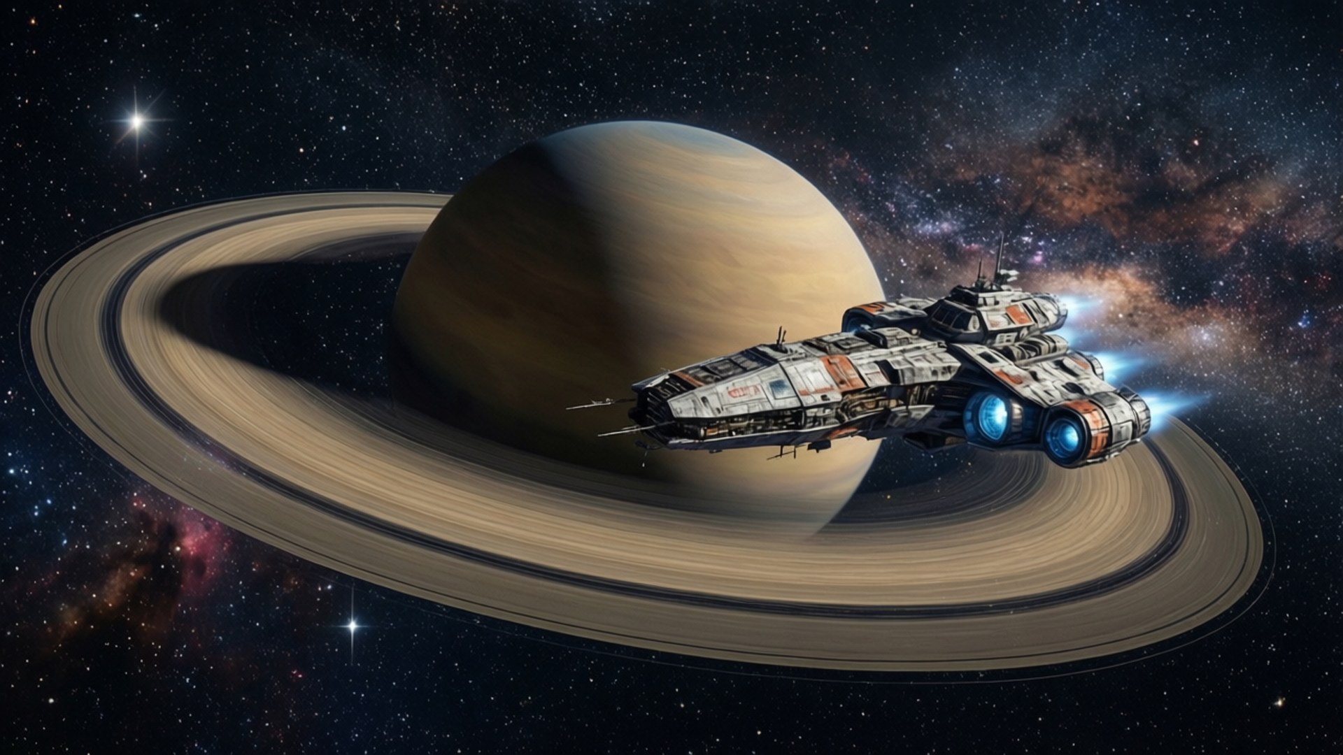 Spaceship Over Planet 壁紙 — 一艘細節豐富的太空船，帶有發光的藍色引擎，飛過一個巨大的環狀行星，背景是星光燦爛的宇宙。