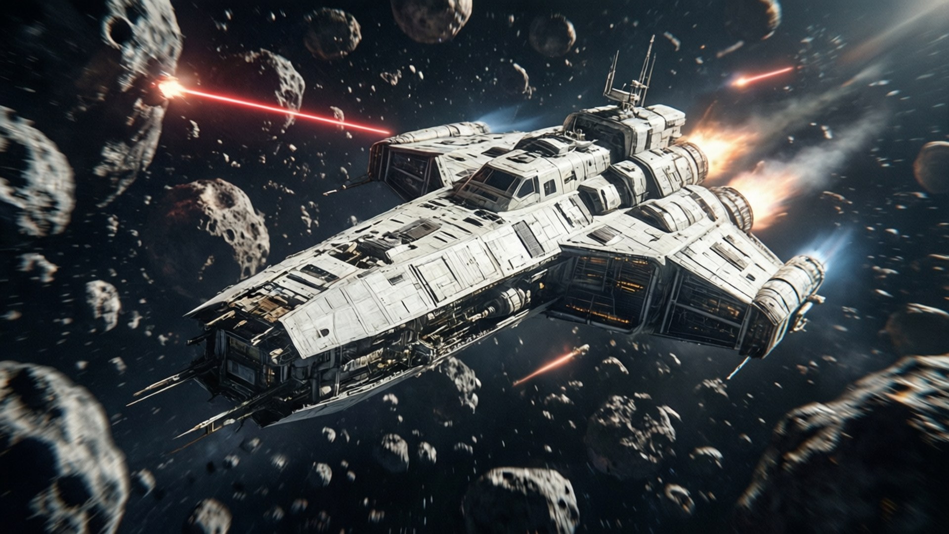 Asteroid Escape 壁紙 — 一艘細節豐富的太空船，引擎發光，穿過小行星帶，在深空中發射紅色雷射光束。