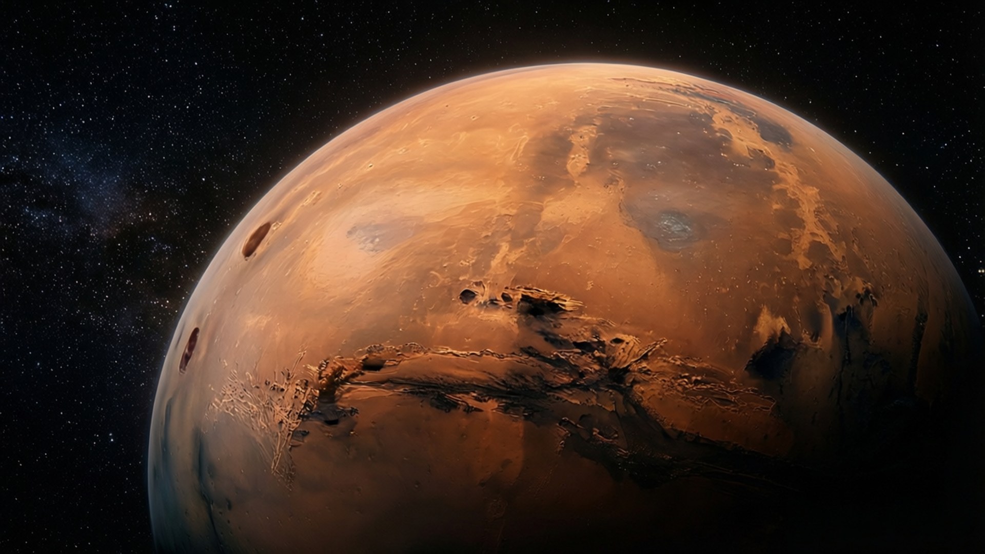 Mars from Orbit 壁紙 — 火星的詳細視圖，在繁星點點的黑色天空中發出橙色光芒，可見隕石坑和表面紋理。