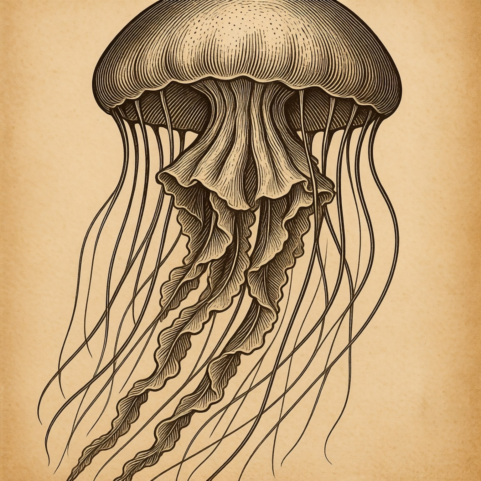 Antique Jellyfish Print 壁紙 — 一幅詳細的復古雕刻，描繪水母在舊羊皮紙上飄動的觸手。
