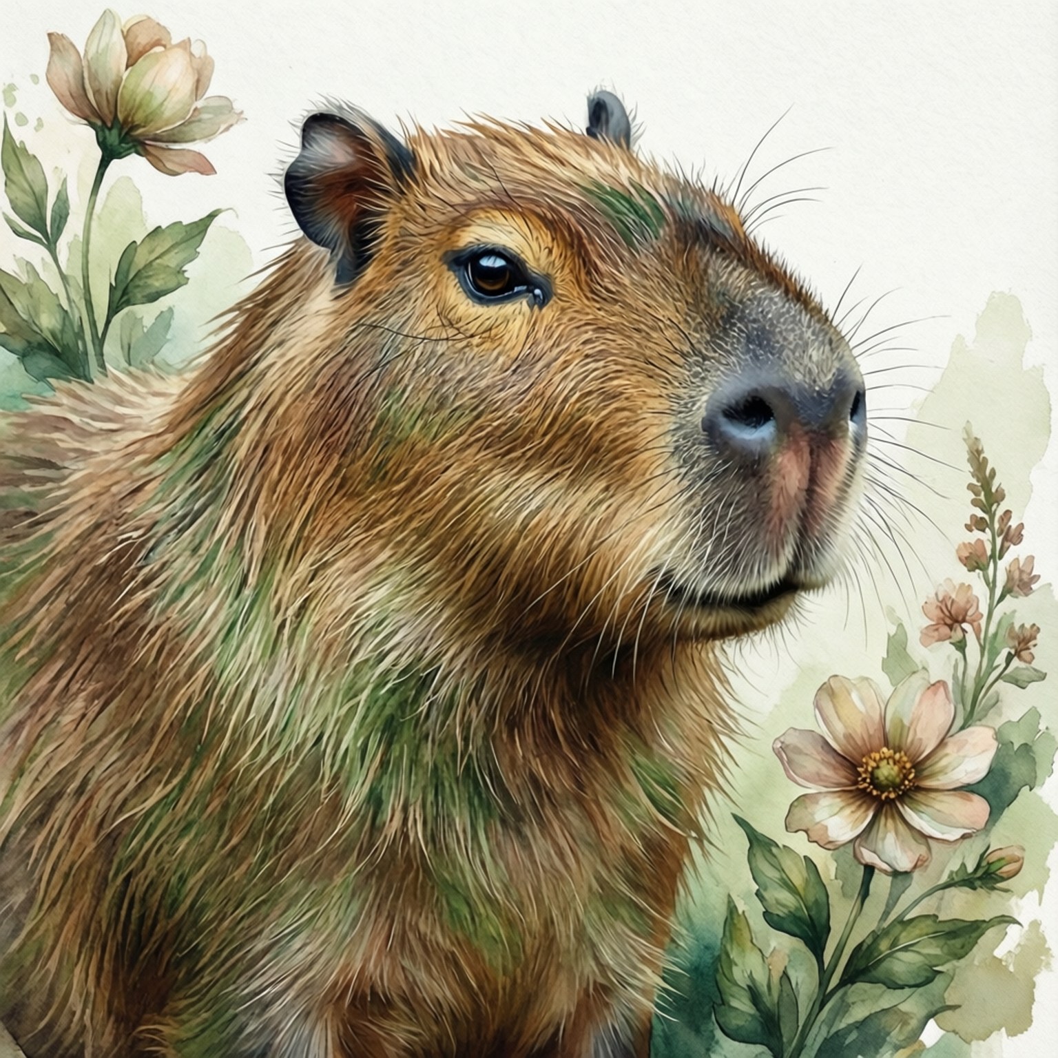 Watercolor Capybara 壁紙 — 一幅詳細的水彩畫肖像，描繪一隻水豚被柔和的粉紅色和綠色花朵包圍，背景蒼白。