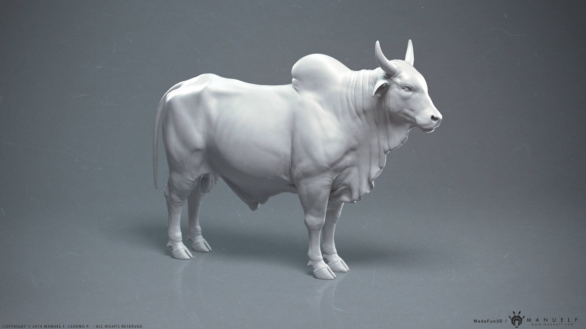 工作室環境中的白色3D渲染公牛雕塑。 — 3D 壁紙