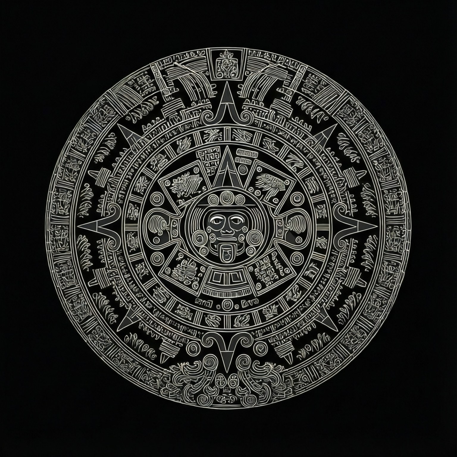Aztec Calendar 桌布 壁紙 — 黑色背景上一個詳細的白色線條繪畫，描繪古瑪雅日曆符號。
