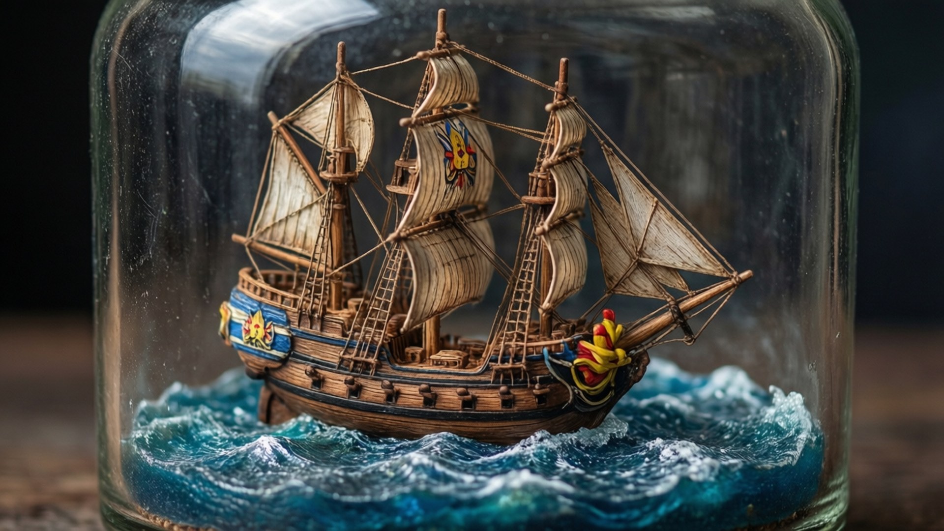 Thousand Sunny 桌布 壁紙 — 一個精細的木製海盜船模型在透明玻璃罐內的微型藍色波浪中航行。