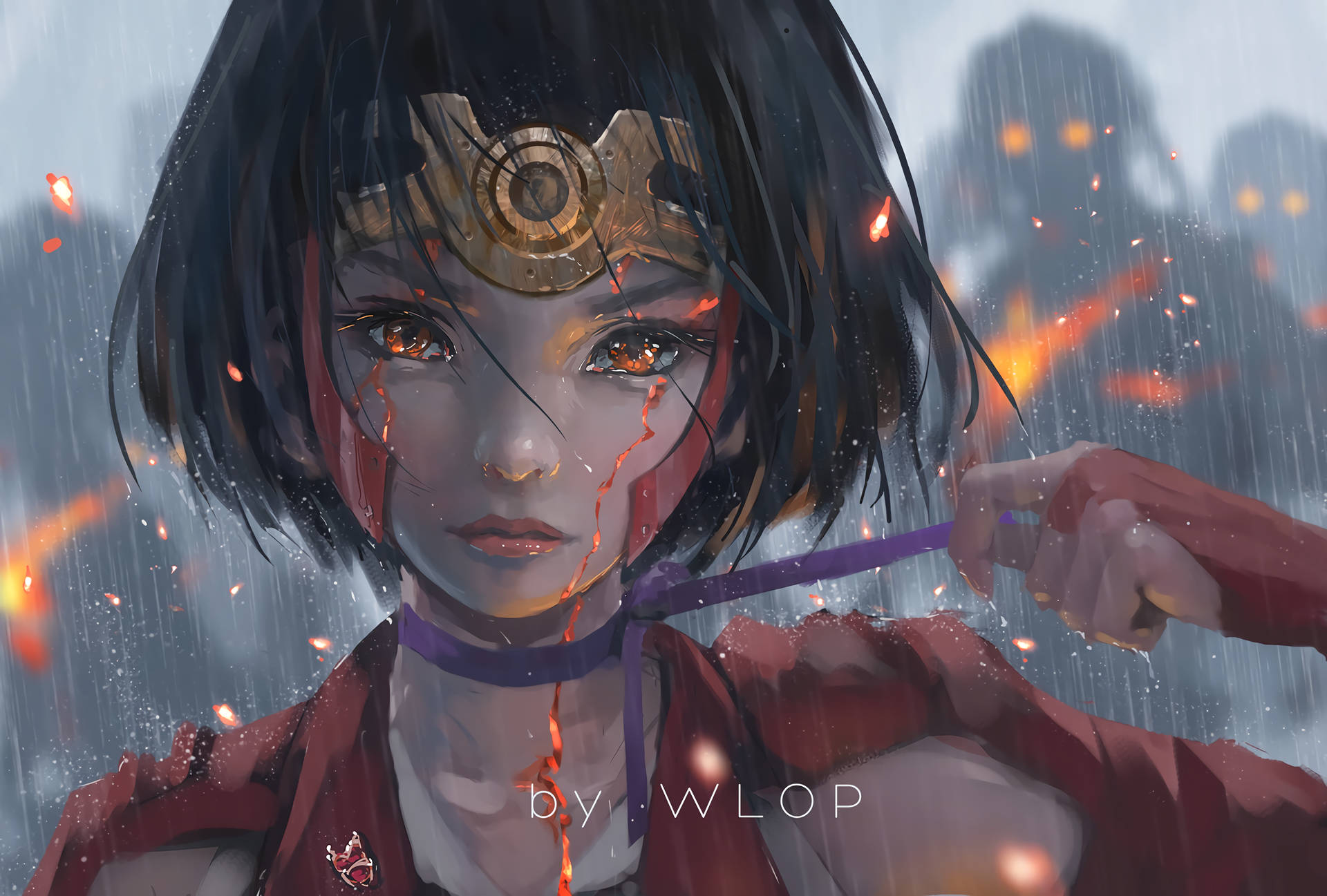 動漫女孩，眼睛發光，金色頭飾，在帶有火花的雨景中。 — 4K 動漫 壁紙