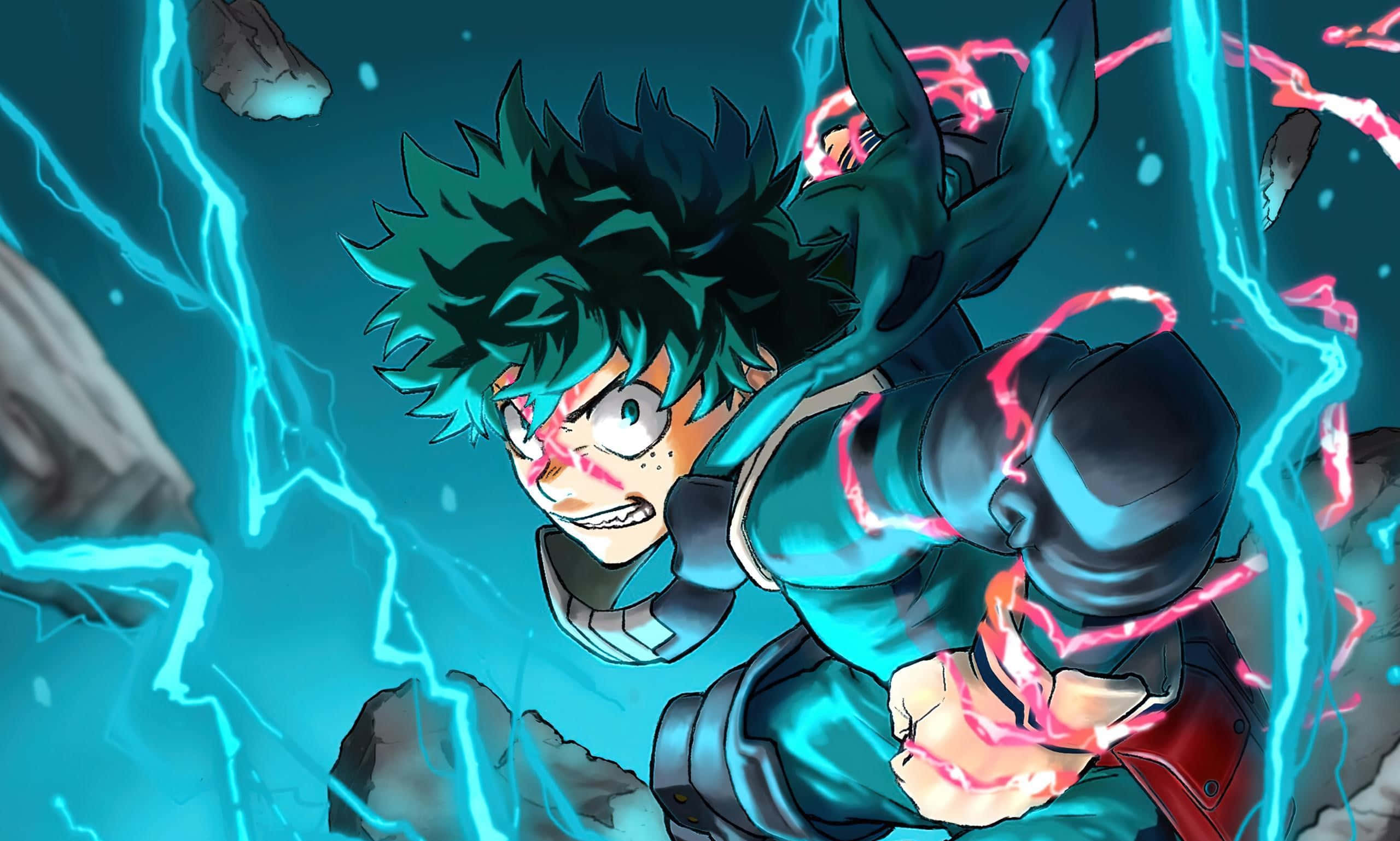 Dark Deku 桌布 壁紙 — 一位堅定的動漫英雄，擁有尖刺的青綠色頭髮，在破碎的岩石中釋放出電藍色和粉紅色的能量。