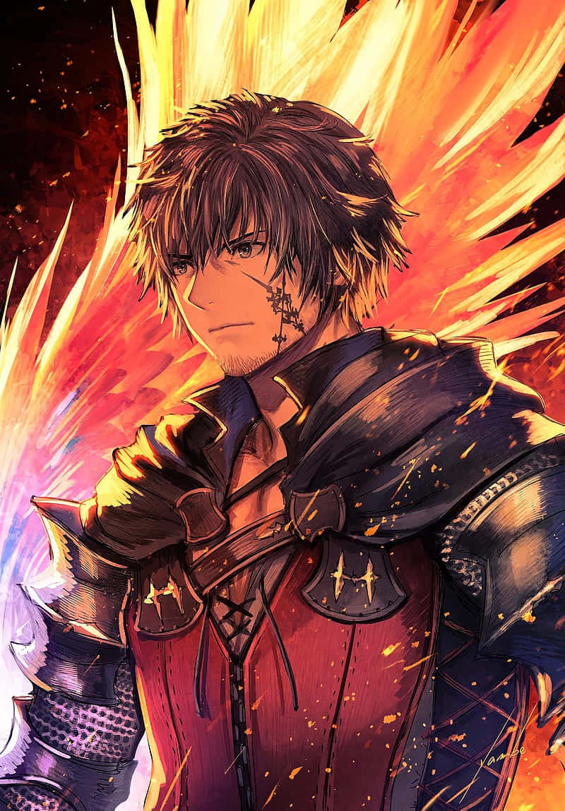 Final Fantasy 16 桌布 壁紙 — 一位堅定的動漫戰士，擁有火焰般的頭髮和盔甲，站在熾熱的橙色和黃色背景前。