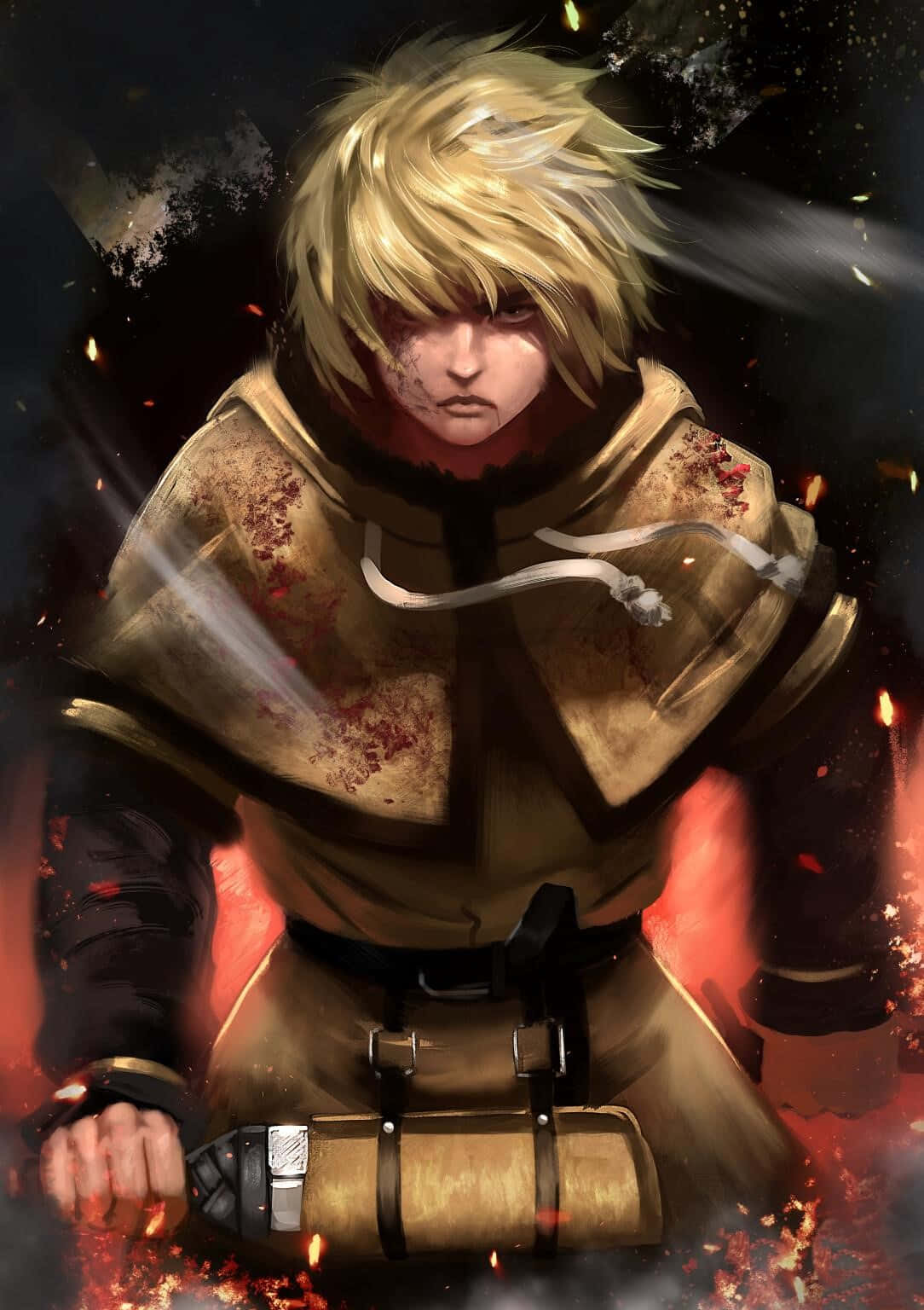 金髮動漫戰士身著戰鬥裝備，被火焰和碎片包圍。 — Fire Emblem Warriors 壁紙