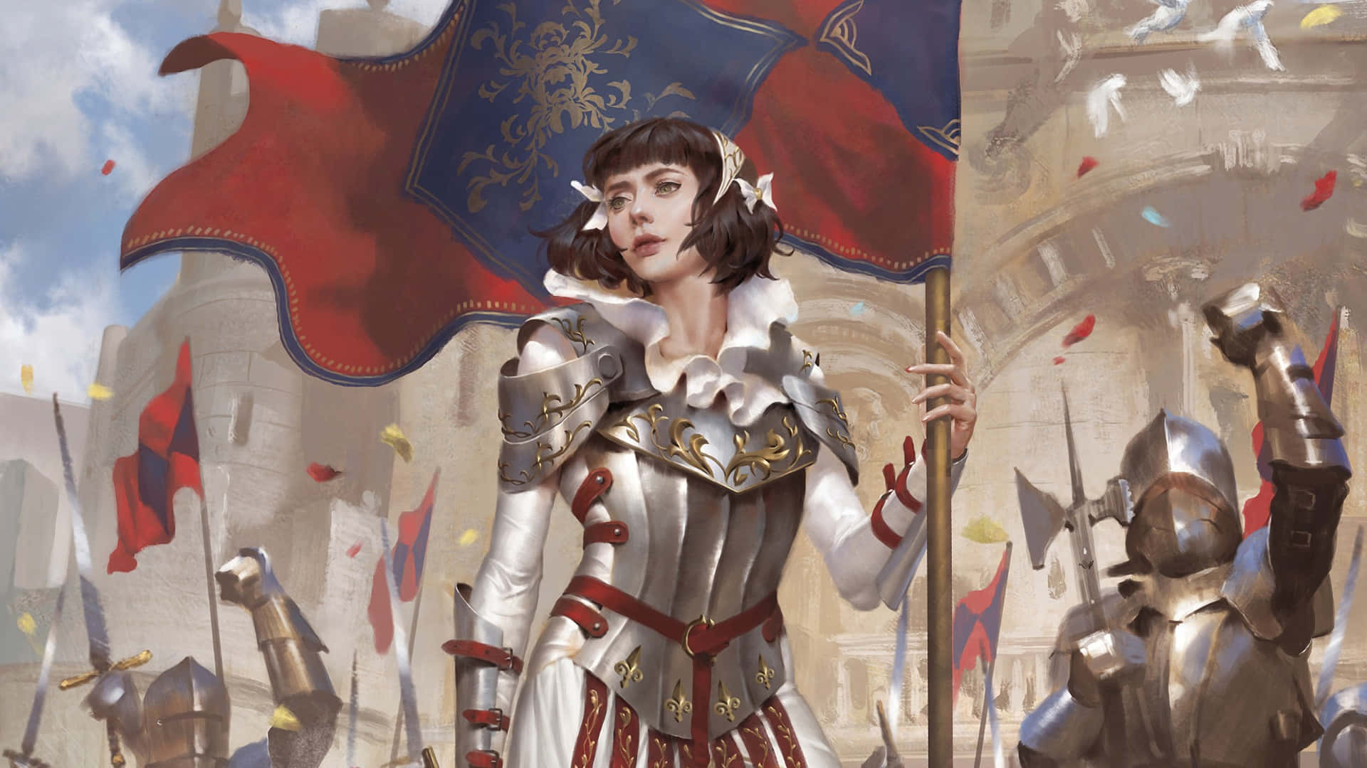  壁紙 — 一位堅定的女騎士身穿華麗銀甲，手持紅藍旗幟，士兵們在石拱門下集結。