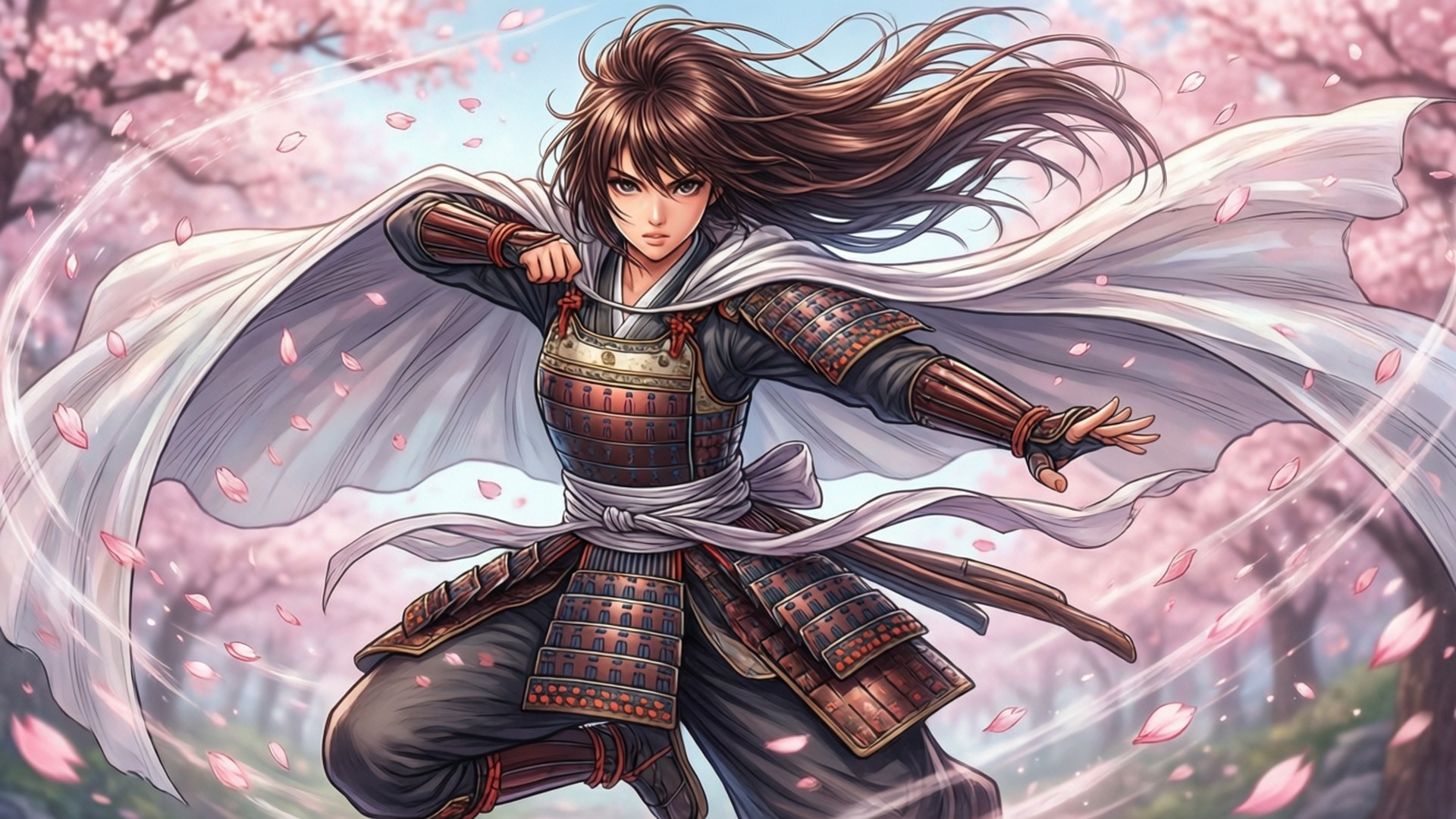 Veil Manga 桌布 壁紙 — 一位堅定的武士穿著精細的盔甲，站在飄落的櫻花中，白色披風隨風飄揚。
