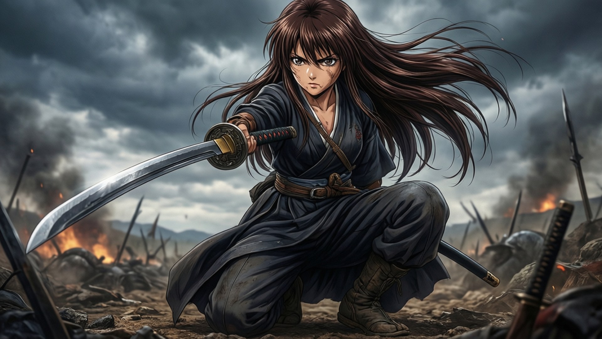 Sword Saint Kureha 壁紙 — 一位堅定的女武士跪在戰場上，手持武士刀，身後煙霧和火焰升騰。