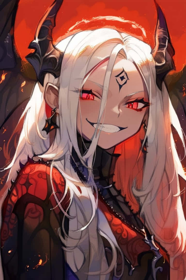  壁紙 — 一個惡魔般的動漫女孩，白髮紅眼有角，在熾熱的橙色背景下微笑。