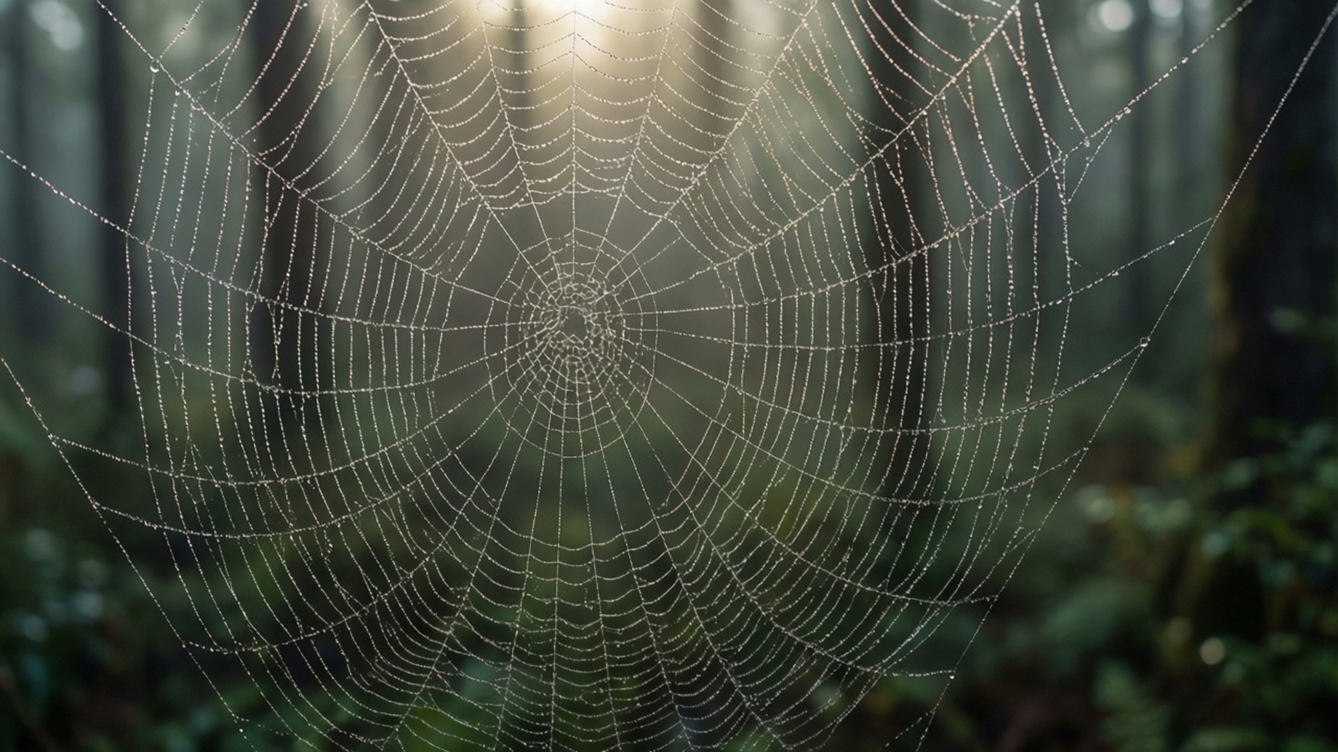Dewdrops on Web 壁紙 — 一個佈滿露水的蜘蛛網在陽光穿過迷霧森林時閃閃發光。
