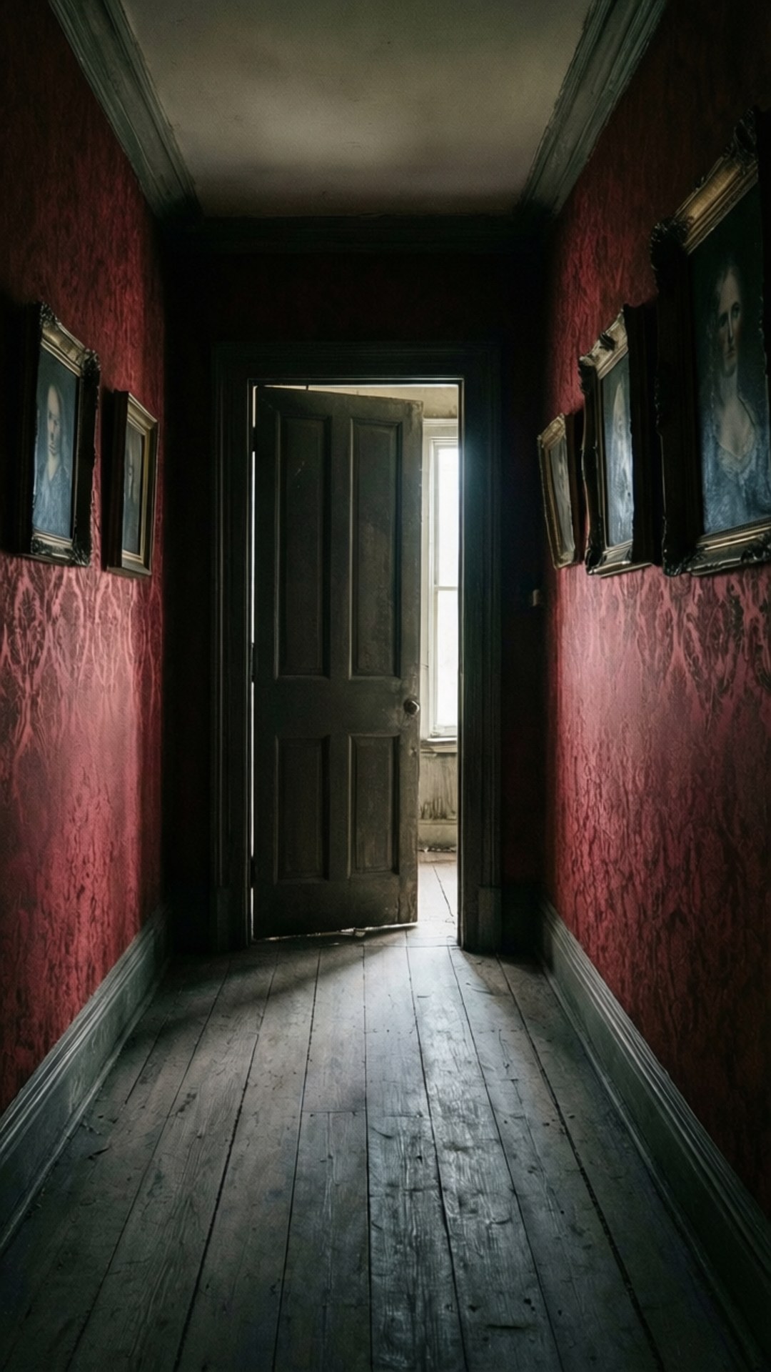 Corridor of Haunting Portraits 壁紙 — 一條昏暗的走廊，鋪有紅色圖案壁紙和帶框肖像，盡頭通向陽光普照的門口。