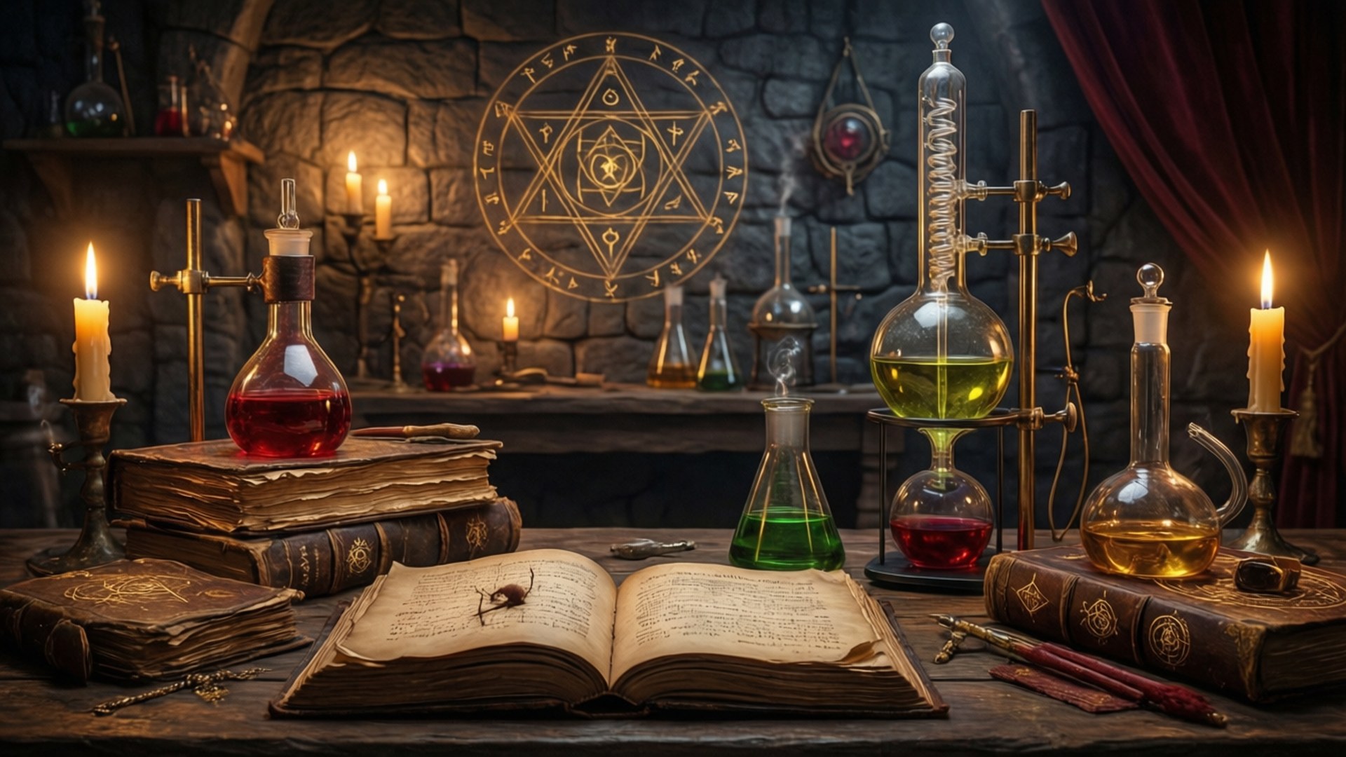 Alchemy Lab 壁紙 — 一個燈光昏暗的煉金術實驗室，有發光的蠟燭、古籍和裝滿有色液體的玻璃燒瓶，圍繞著石牆上的一個神秘符號。