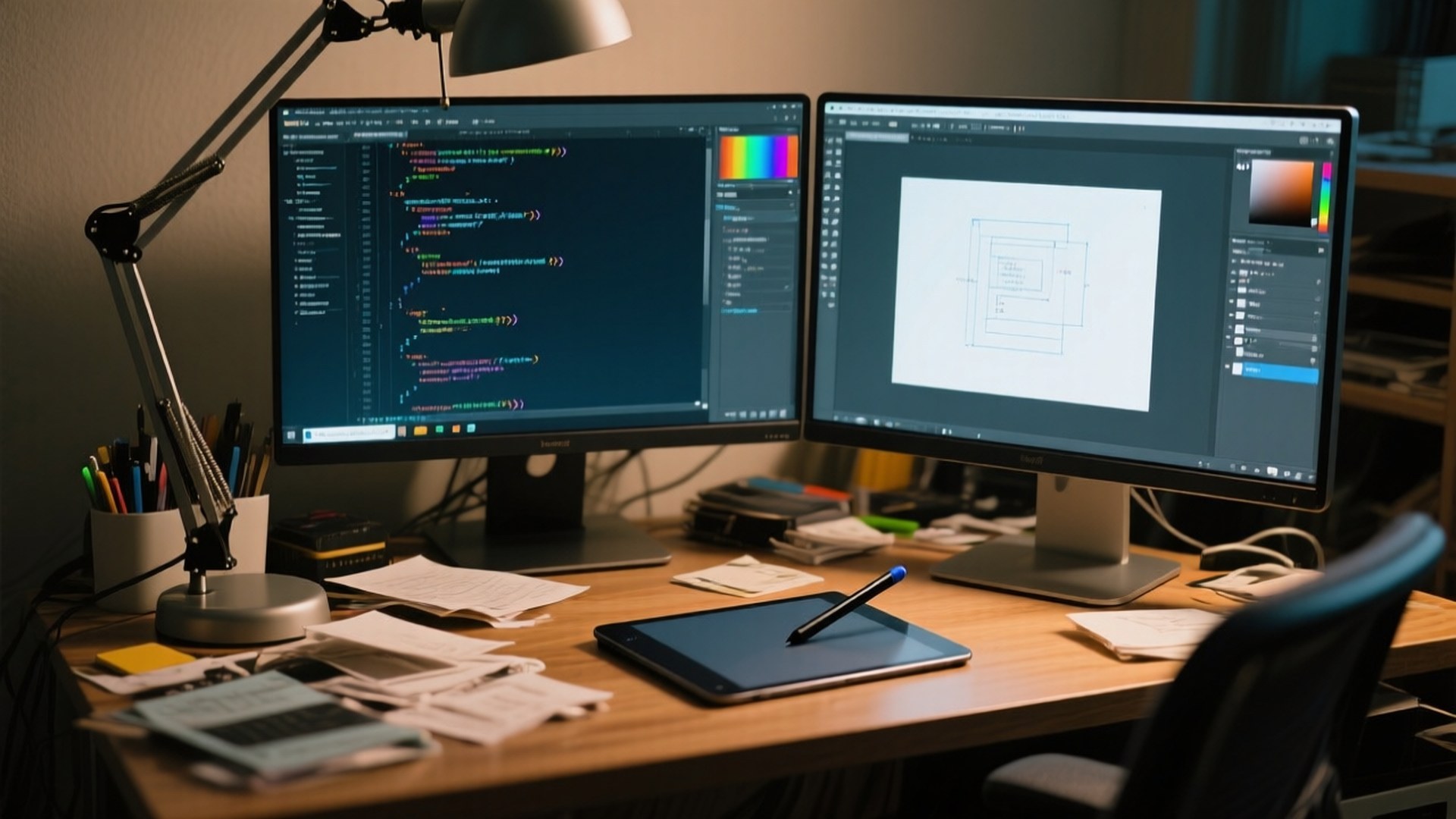 Developer's Dual Desk 壁紙 — 一張燈光昏暗的桌子，有兩個顯示器，一個顯示彩色代碼，另一個顯示設計佈局，旁邊有平板電腦和燈，還有散落的紙張。