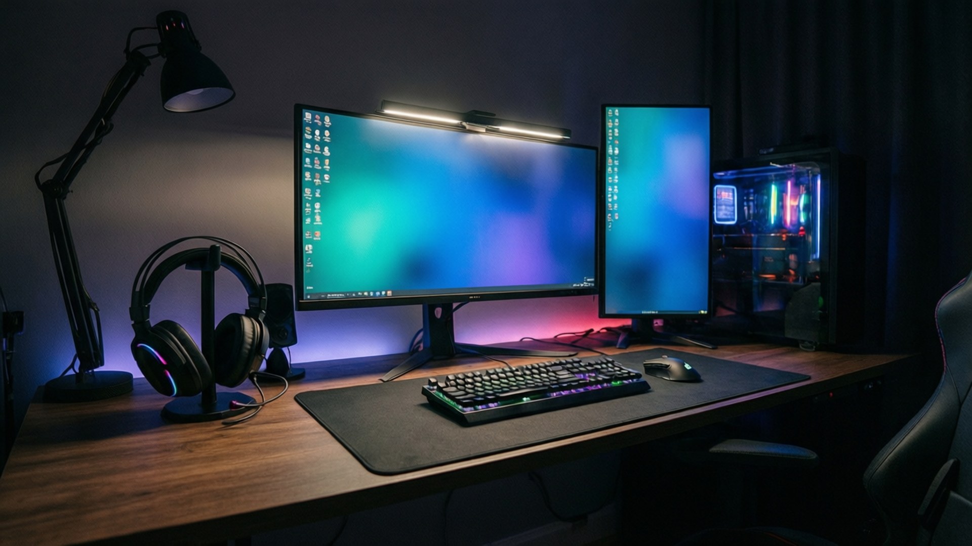 The Ultimate Battlestation 壁紙 — 昏暗的遊戲桌上，雙顯示器發出藍紫色RGB燈光，鍵盤、滑鼠、耳機和帶有霓虹燈管的透明PC機殼。