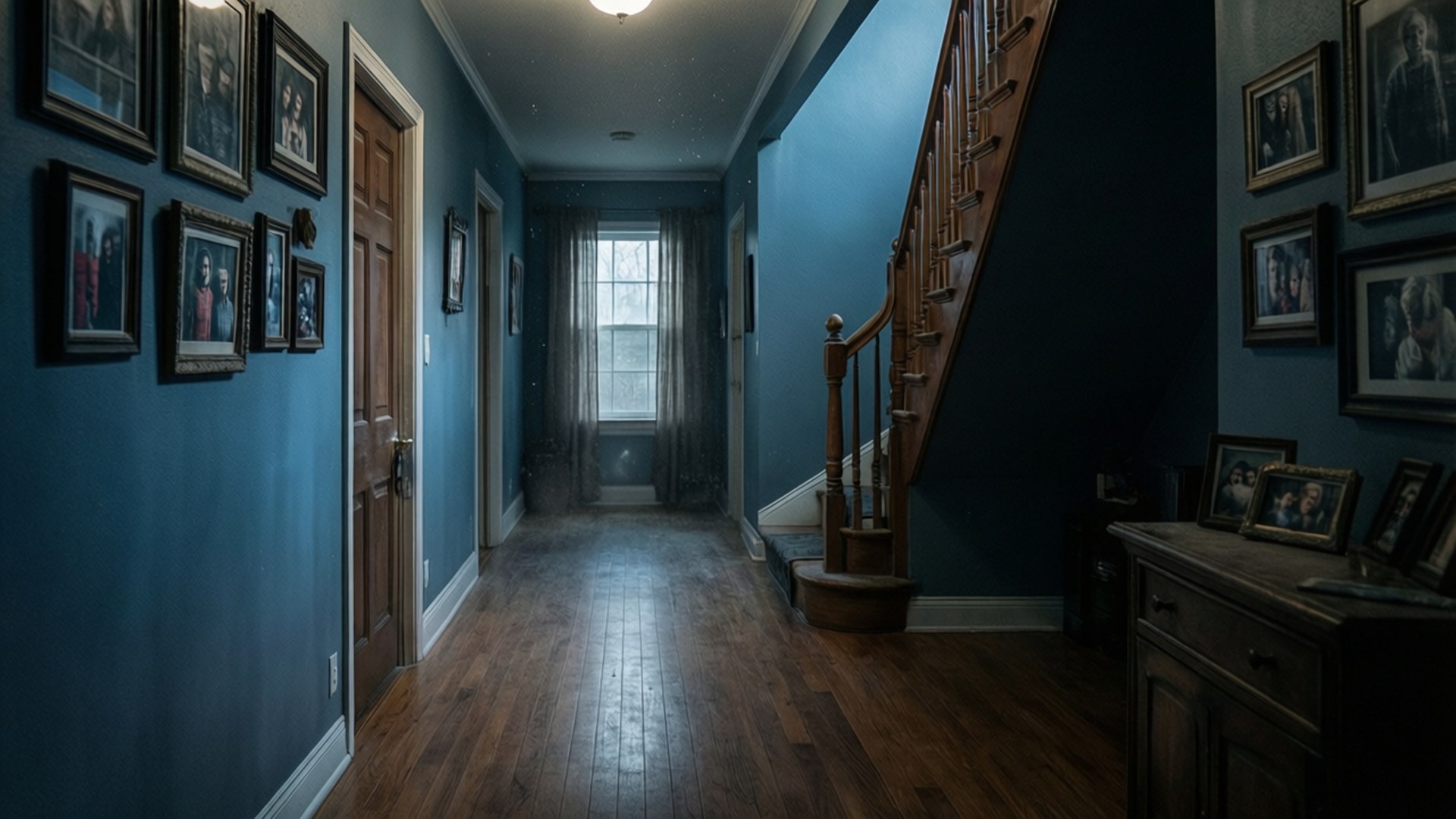 Price House Hallway 壁紙 — 一條燈光昏暗的走廊，深藍色牆壁，木地板，牆上掛滿了帶框的肖像畫，通往樓梯和窗戶。