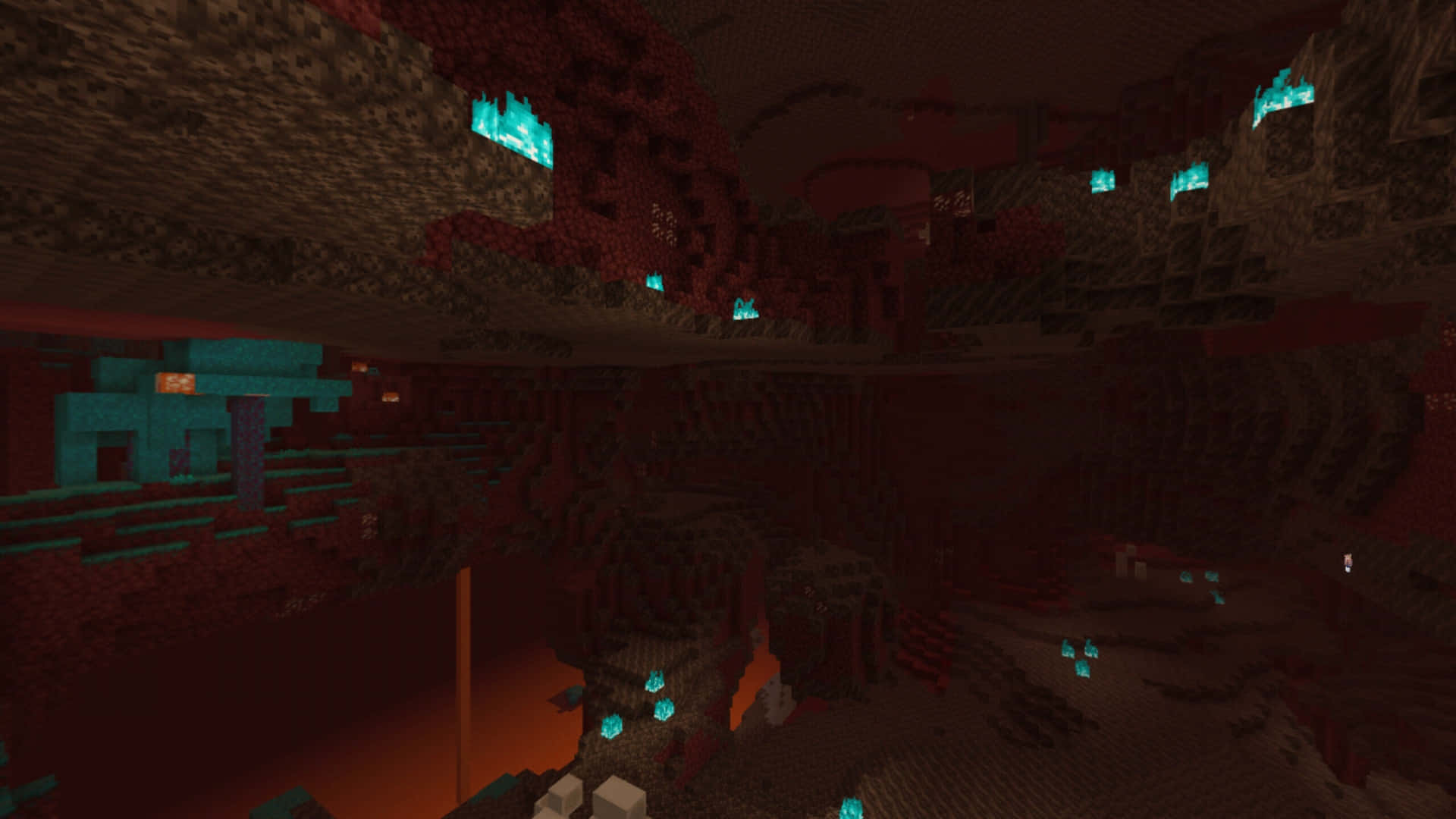  壁紙 — 一個光線昏暗的Minecraft地獄洞穴，有發光藍色水晶和紅色地獄岩結構。