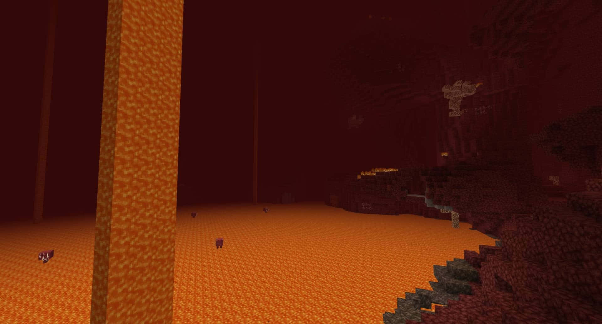  壁紙 — 一個昏暗的Minecraft地獄景觀，有發光的橙色熔岩流和參差的黑曜石懸崖，在深紅色天空下。