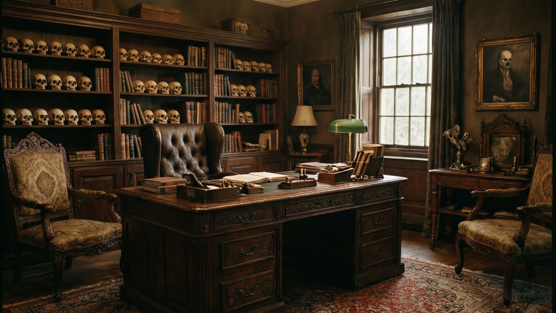 Library of Horrors 壁紙 — 一個燈光昏暗的復古書房，配有深色木家具、書架上排列的頭骨，以及一盞在窗邊投射柔和光線的綠色燈。
