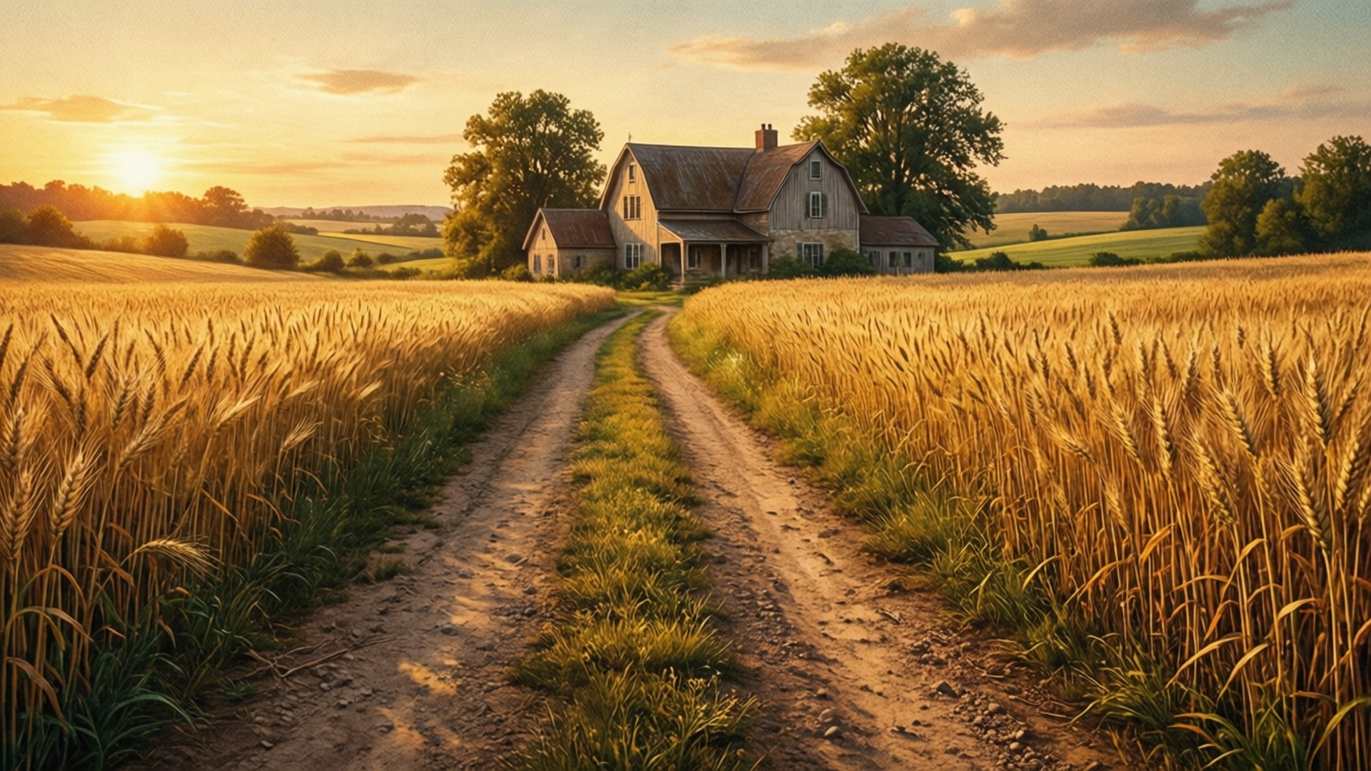 Rural Farm Road Sunset 壁紙 — 一條泥路蜿蜒穿過金色麥田，通往日落時分的質樸農舍。