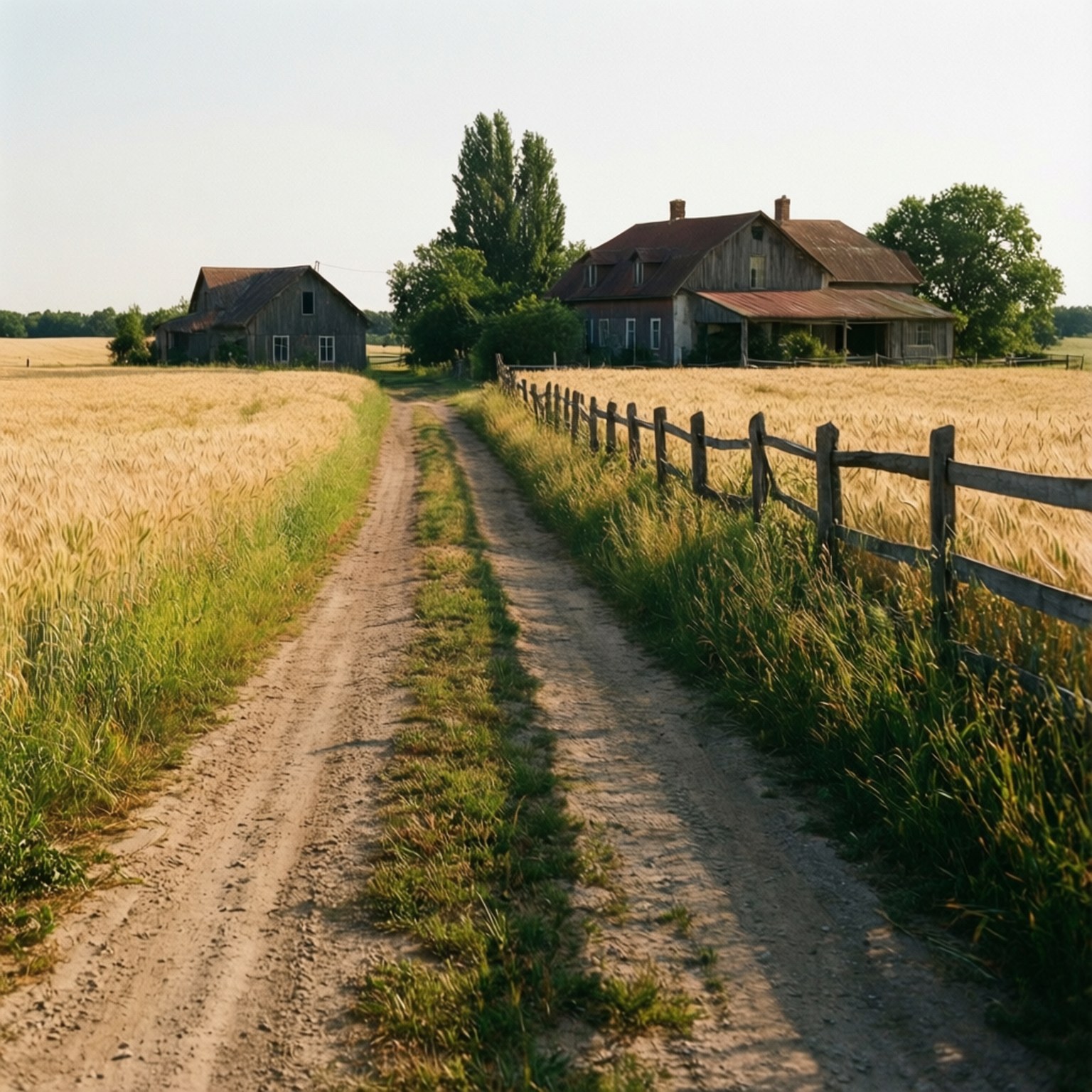Country Road 壁紙 — 一條泥路蜿蜒穿過金色麥田，通往由高樹環繞的質樸木屋，天空柔和。