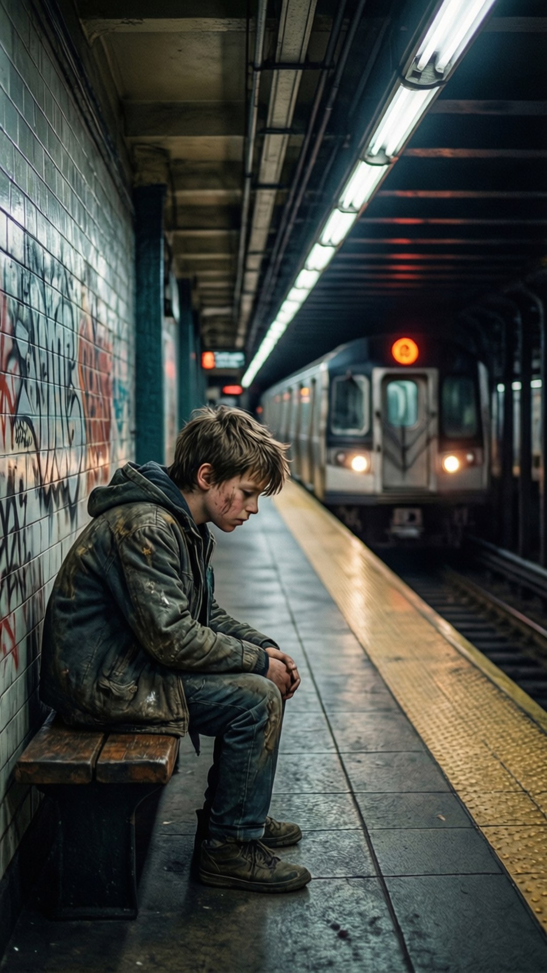 Platform Waiting 壁紙 — 一個骯髒的小男孩癱坐在一個污穢的地鐵站的長椅上，一列火車帶著發光的頭燈駛近。