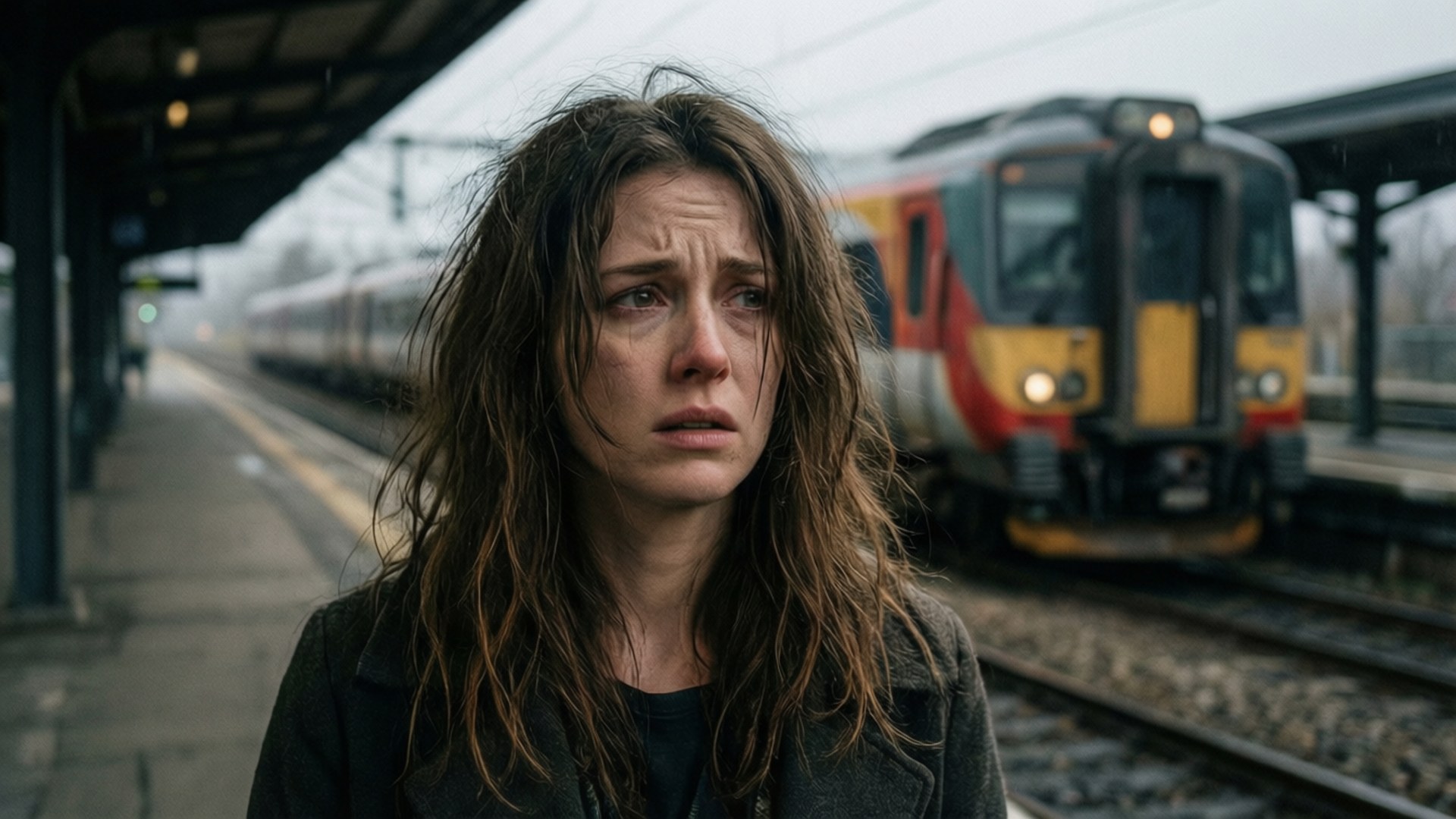 Train Platform 壁紙 — 一個頭髮濕透、心煩意亂的女人站在被雨水打濕的火車月台上，一列紅黃黑色的火車正在駛近。