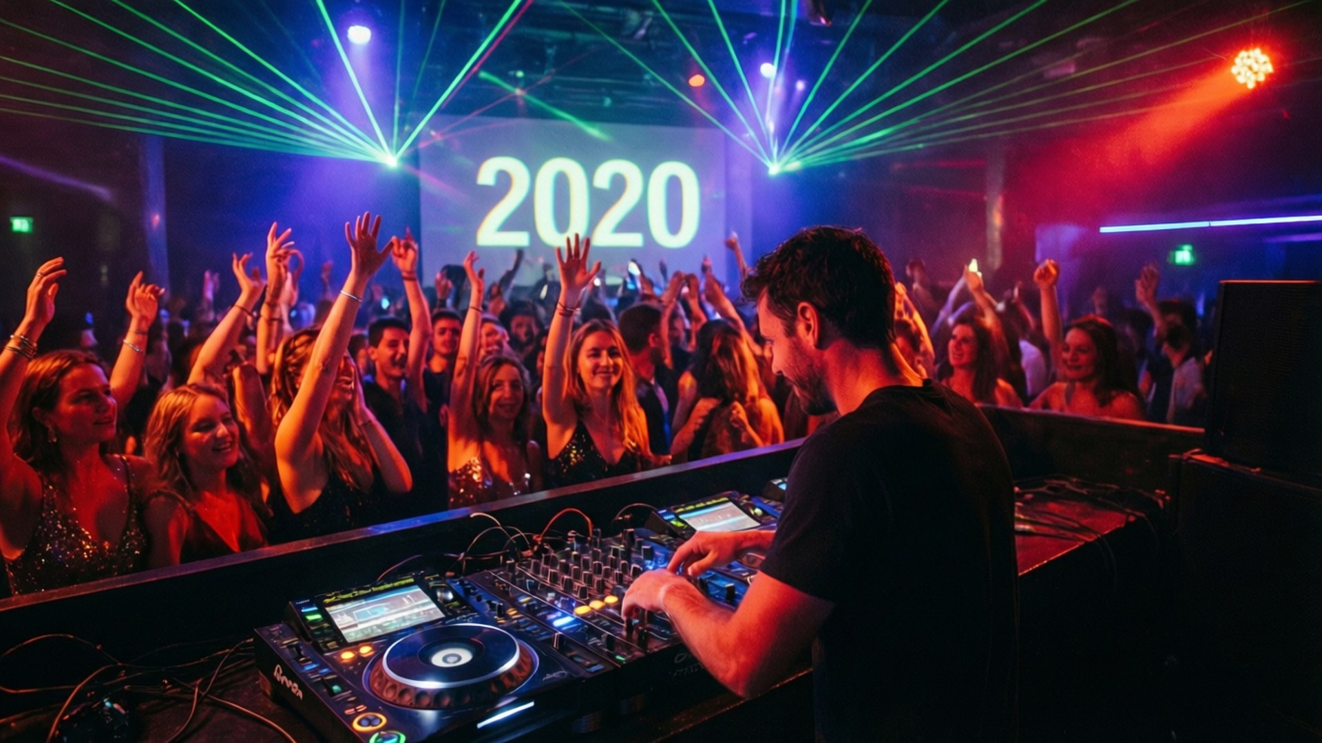 新年快樂 2020 桌布 壁紙 — 一位DJ在夜總會用發光的雷射和身後的「2020」螢幕為人群注入活力。