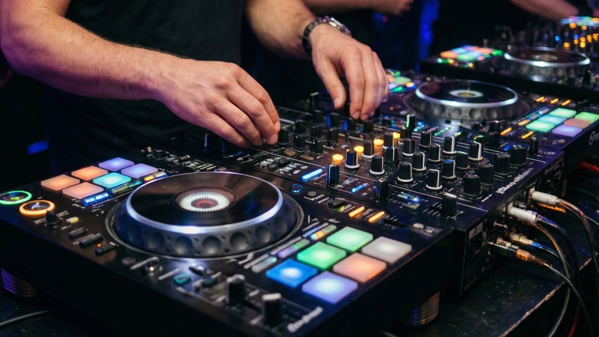 DJ in the Mix 壁紙 — DJ的手熟練地操控一個專業黑色DJ控制器上的發光按鈕和旋鈕，在充滿活力的舞台燈光下。