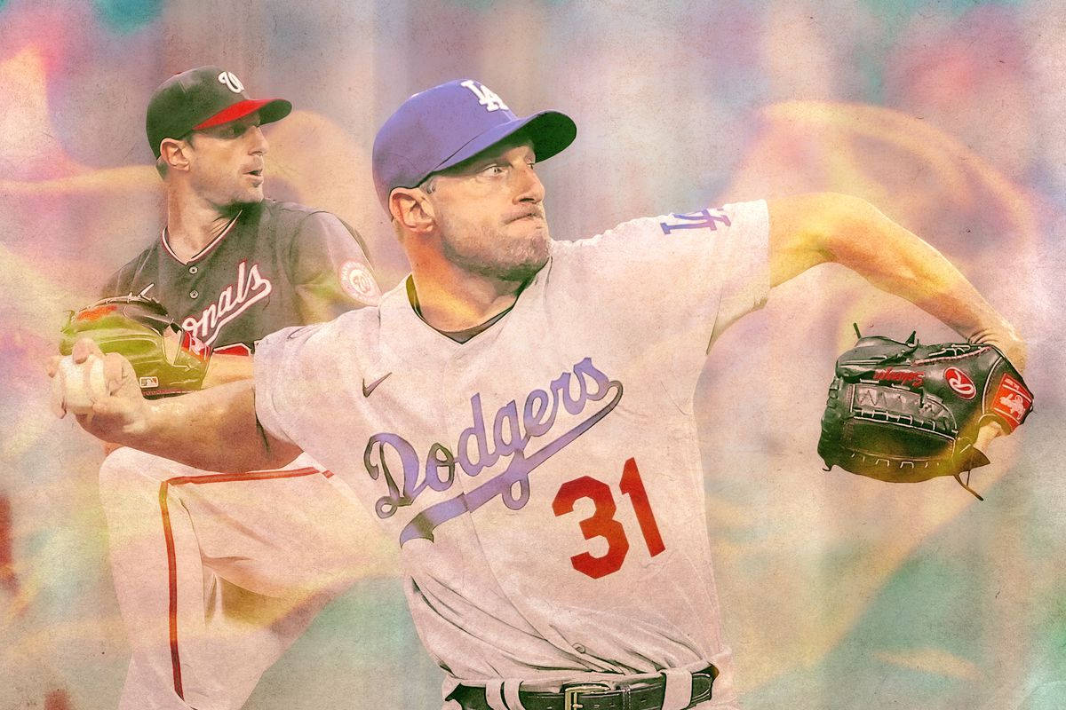 身穿道奇隊球衣的棒球投手正在投球，背景有國民隊球員。 — MLB 壁紙
