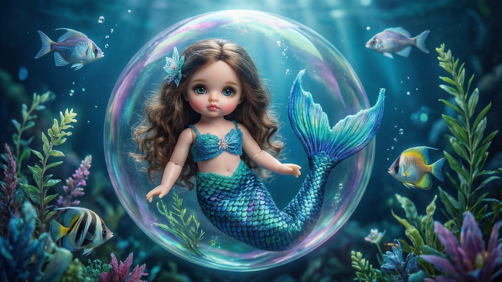 Mermaid Gabby 壁紙 — 一個像娃娃的美人魚，捲髮，漂浮在一個巨大的彩虹色泡泡中，周圍是色彩繽紛的魚和珊瑚，在深藍色的海水中。