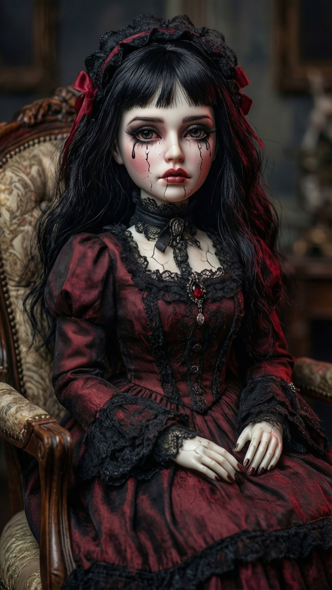 Porcelain Doll Tears 壁紙 — 一個黑髮紅淚的娃娃穿著紅色蕾絲裙坐在華麗的椅子上。