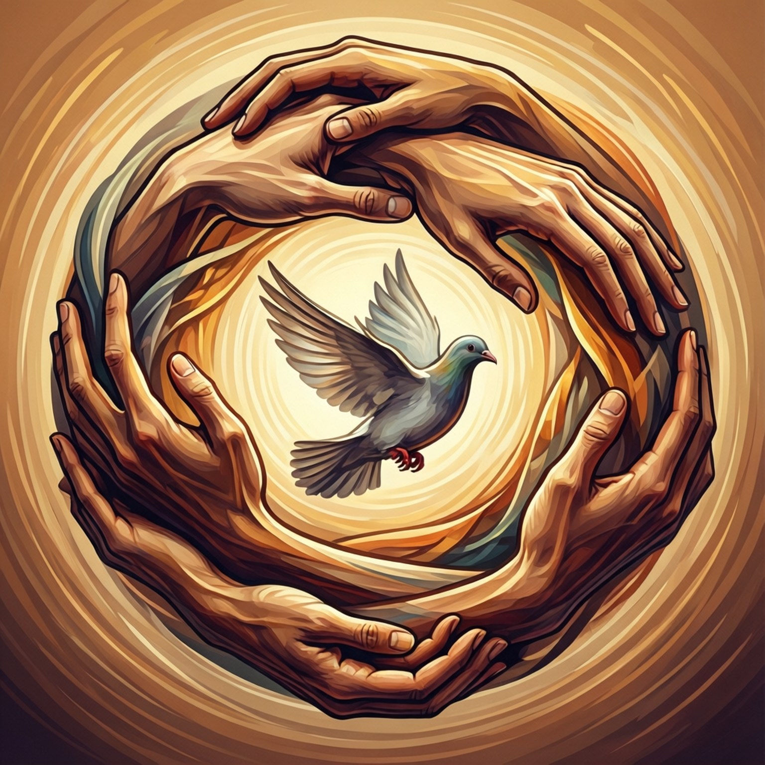Holy Spirit Activate 桌布 壁紙 — 一隻鴿子在伸出的雙手形成的圓圈內自由翱翔，背景是燦爛的金色漩渦。