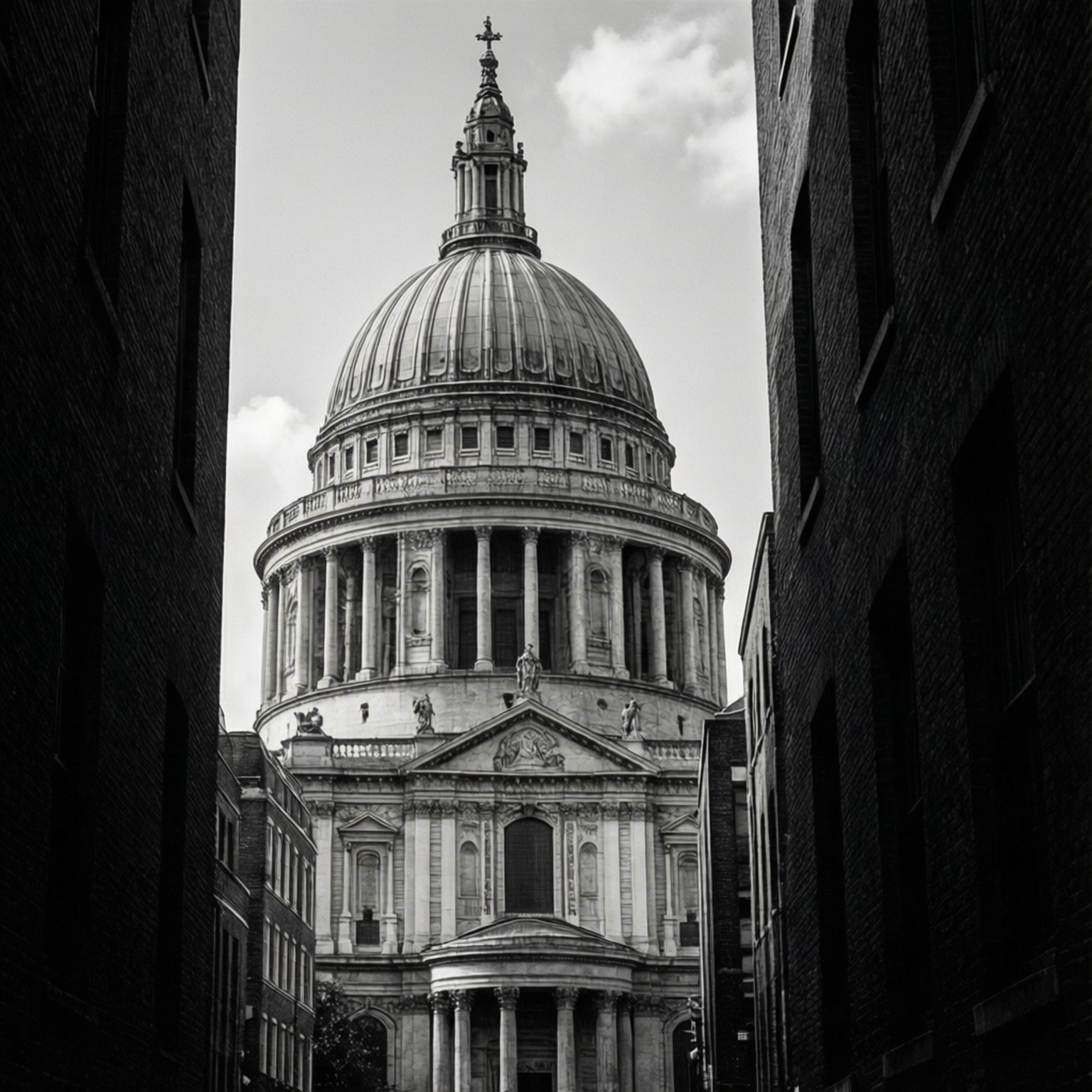 St Paul's Cathedral View 壁紙 — 在陰天天空下，高聳的磚砌建築框住了聖保羅大教堂的戲劇性黑白景觀。