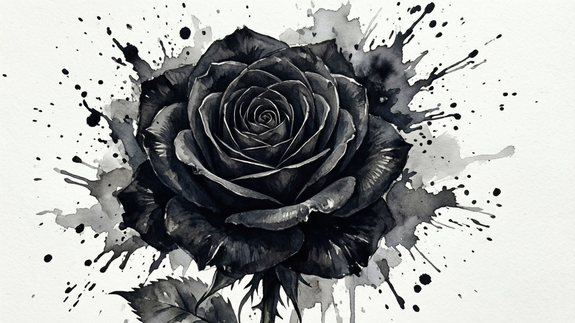 Watercolor Black Rose 壁紙 — 一朵戲劇性的黑玫瑰，帶有複雜的花瓣，周圍是白色紋理紙上的大膽墨水飛濺。