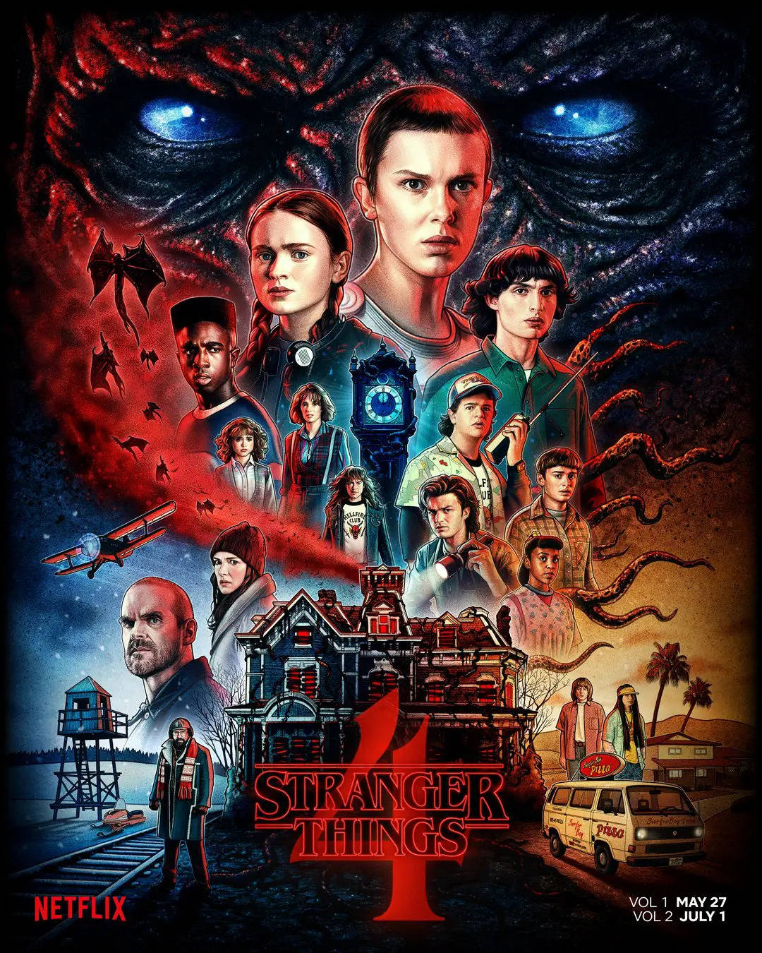 Stranger Things 4 桌布 壁紙 — Stranger Things 第4季的戲劇性海報，主角被超自然元素和迫近的怪物面孔包圍。