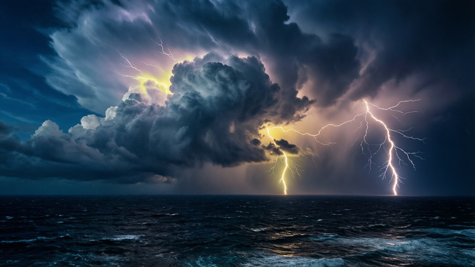 Tempest Over Troubled Waters 壁紙 — 海洋上空的戲劇性風暴，伴隨著明亮的閃電照亮烏雲和翻騰的海浪。