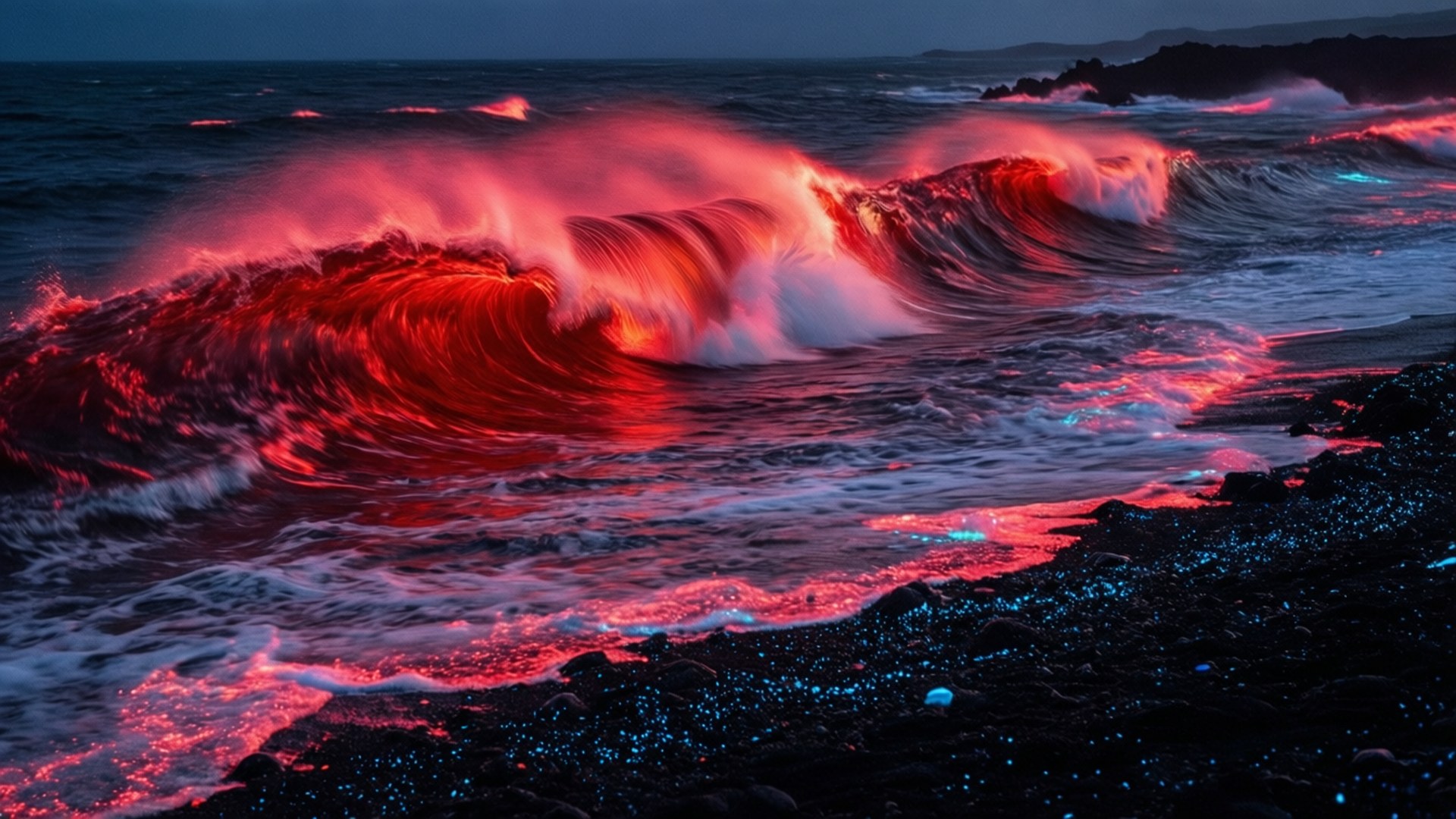 Neon Red Glowing Waves 壁紙 — 在暮色中，一道戲劇性的海浪拍打著黑暗的火山海岸，伴隨著火紅和發光的藍色生物發光。