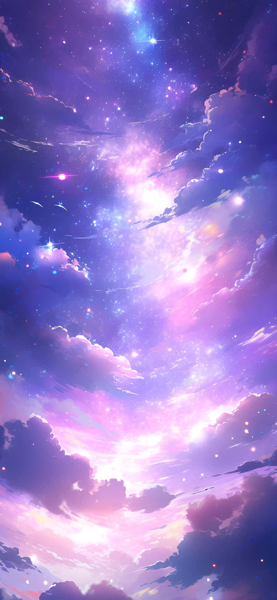 壁紙 — 夢幻動漫天空，充滿閃爍星星和柔和的紫粉色雲朵，在耀眼宇宙光芒下。