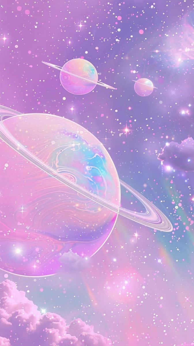 壁紙 — 夢幻的宇宙場景，彩虹色的行星和光環漂浮在粉彩雲朵和閃爍星星之間。