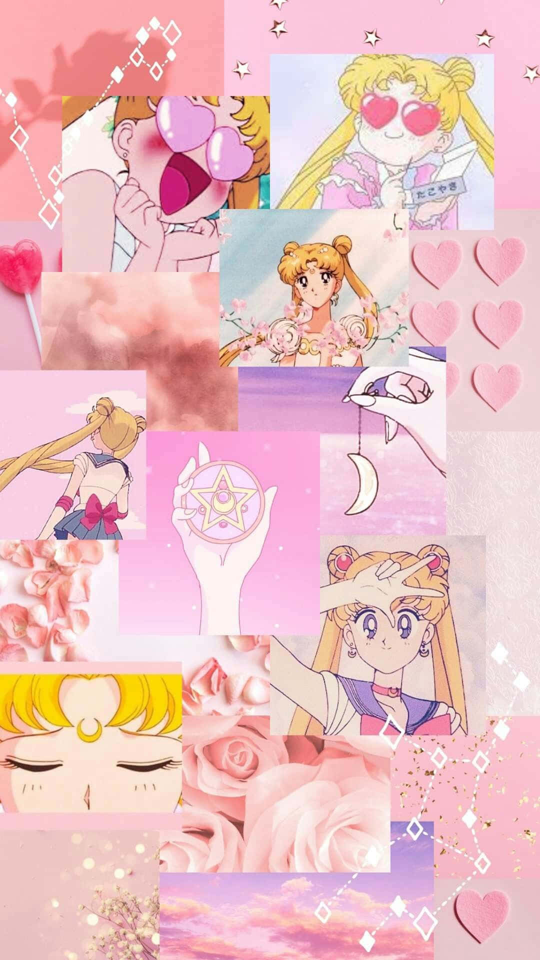 壁紙 — 以美少女戰士動畫片段和心形圖案組成的夢幻粉紅拼貼，搭配柔和粉彩背景。