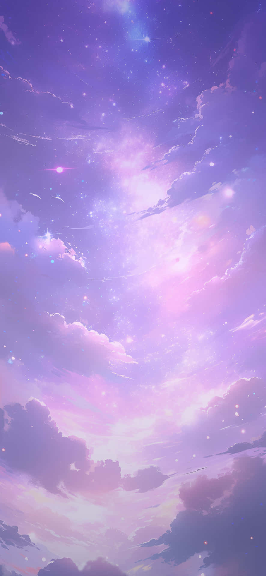  壁紙 — 夢幻的紫色和粉紅色天空，充滿閃爍的星星和柔軟的雲朵，呈現天體場景。