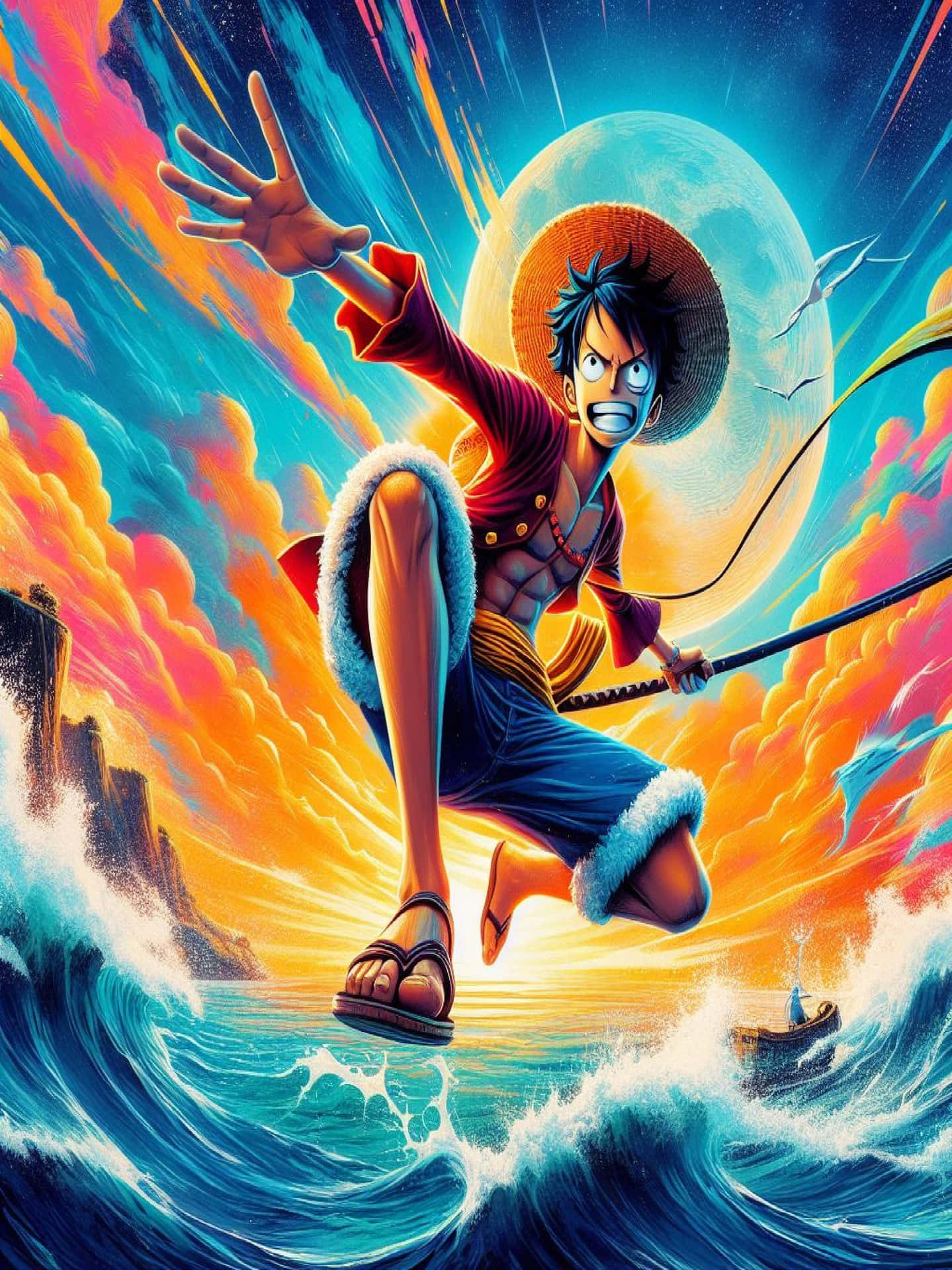  壁紙 — 一個動態的動漫角色在撞擊的海浪上方，穿過充滿活力的橙色和藍色天空跳躍，身後有一輪滿月。