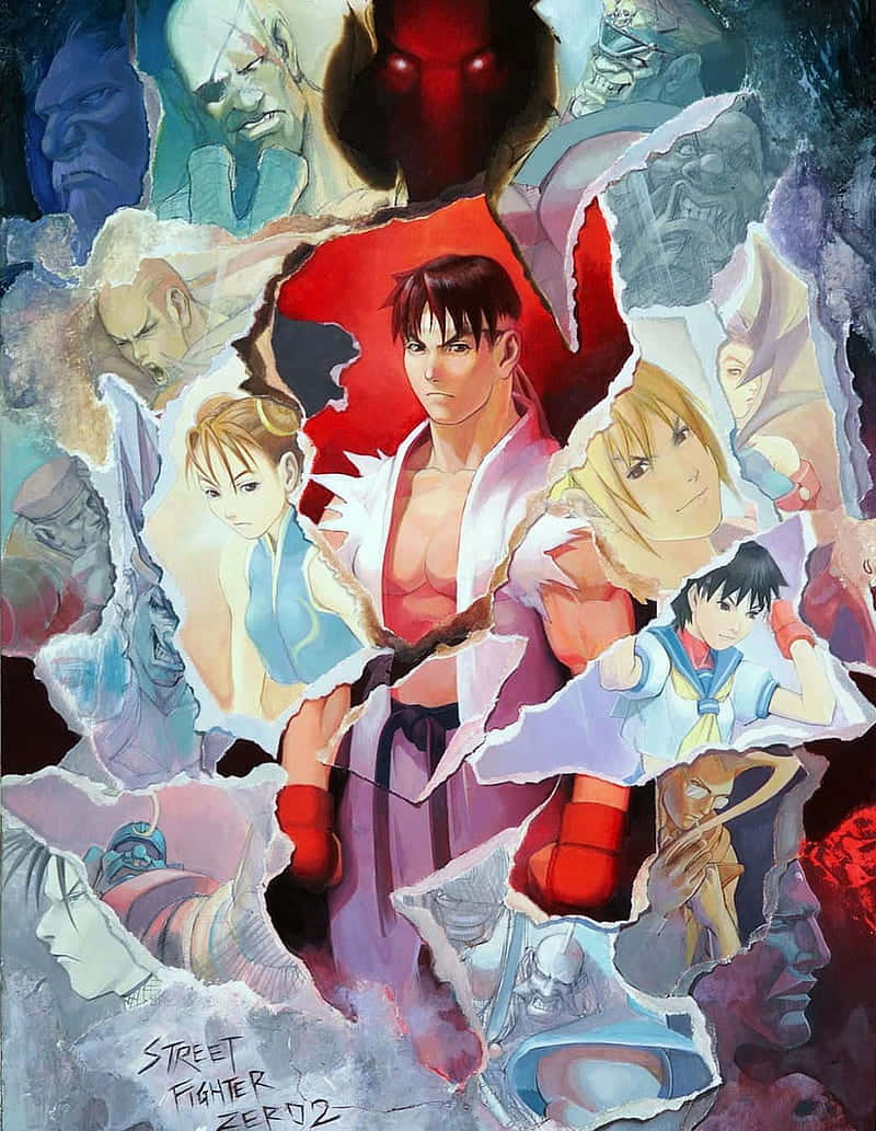  壁紙 — 一張動態動漫拼貼畫，描繪《快打旋風Zero 2》角色以強烈表情衝破撕裂的紙張。