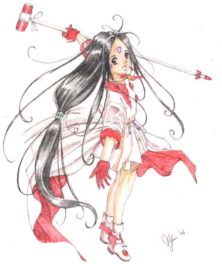  壁紙 — 一個動態動漫女孩，長長的黑髮，揮舞著紅色錘子和箭，穿著飄逸的白色和紅色服裝。