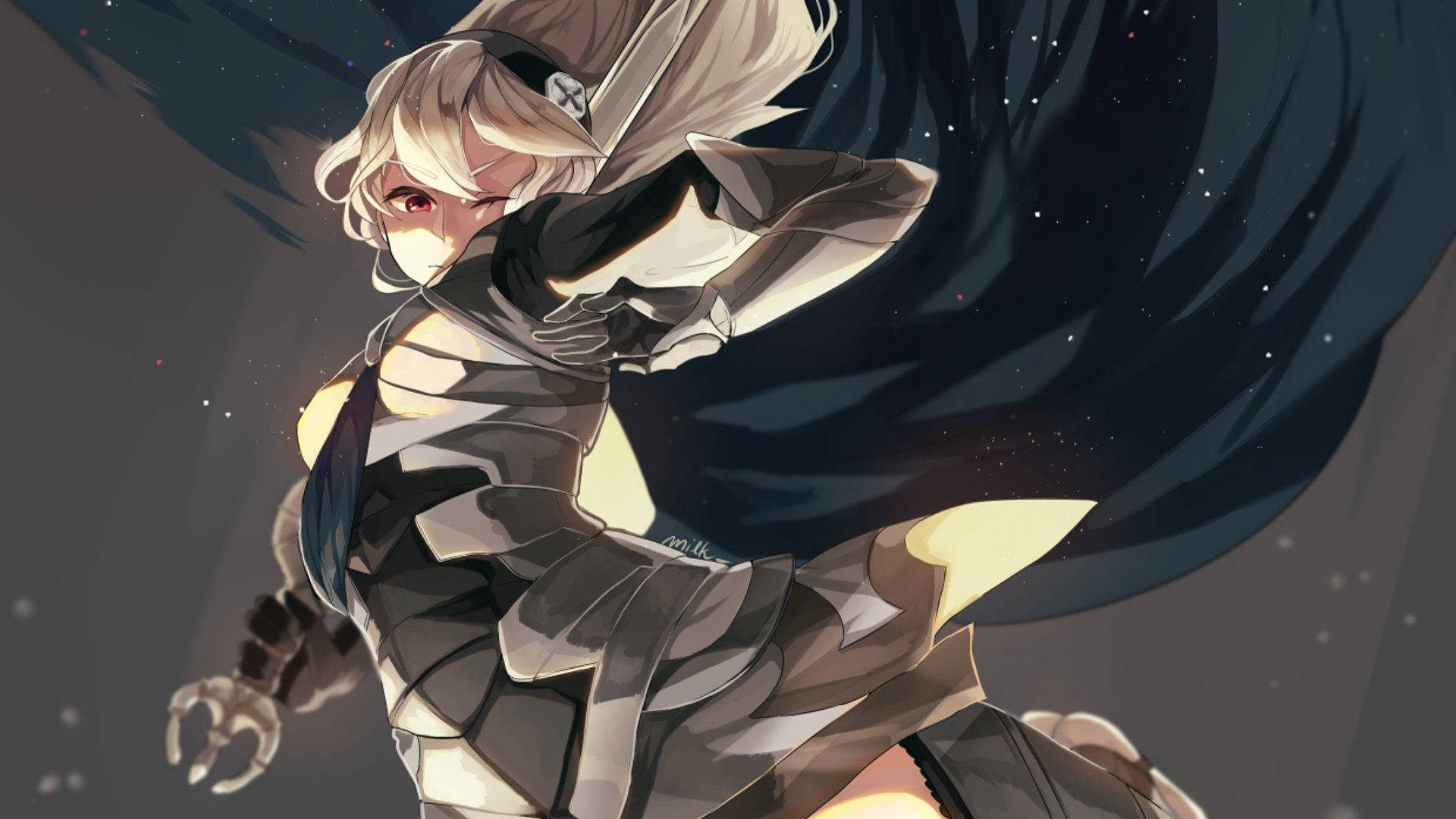 身穿盔甲、眼睛發紅光的動漫戰士女孩，背景是星空。 — Fire Emblem Warriors 壁紙