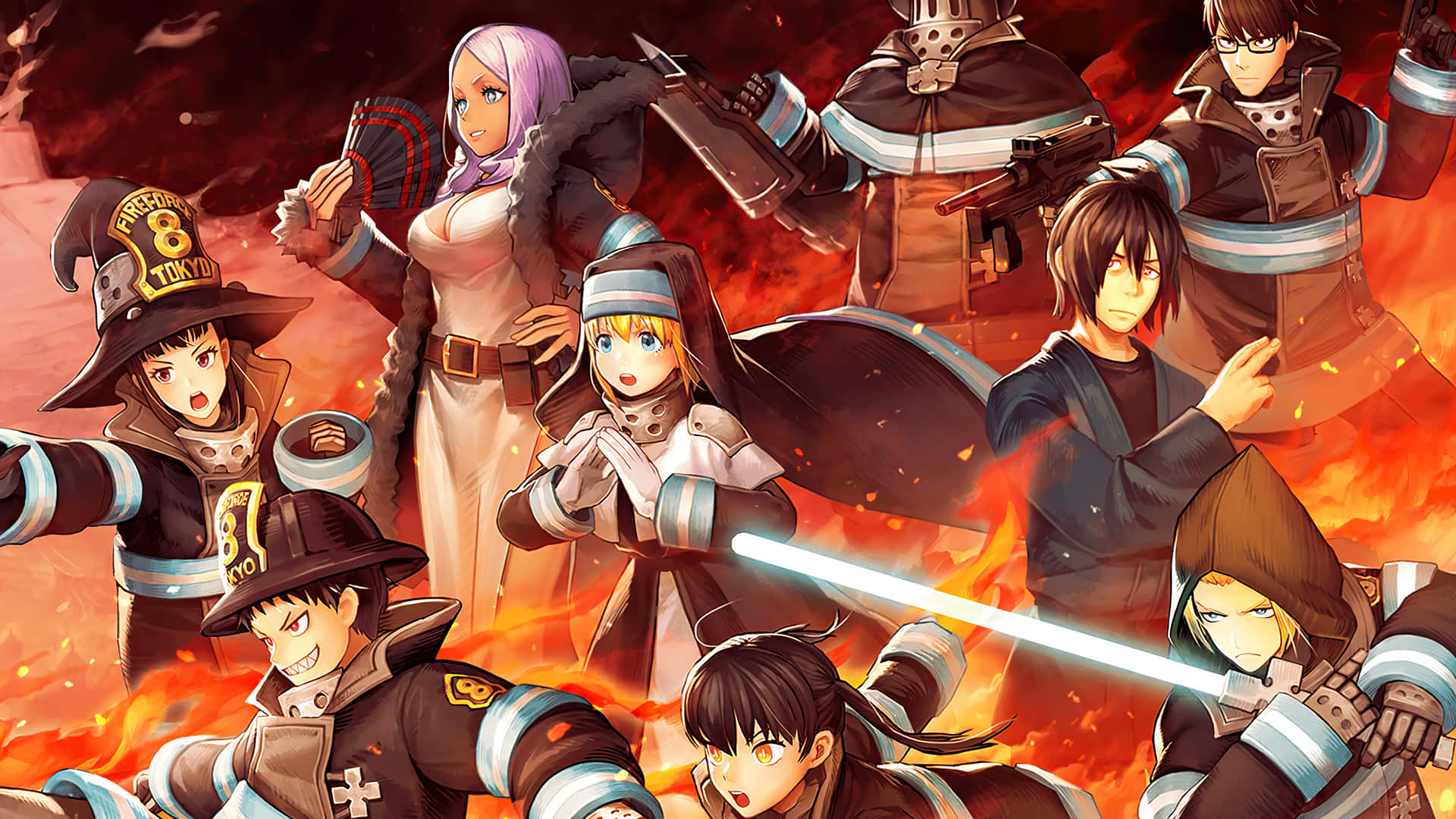 動畫消防員身穿戰鬥裝備，在火焰中揮舞劍。 — Fire Emblem Warriors 壁紙