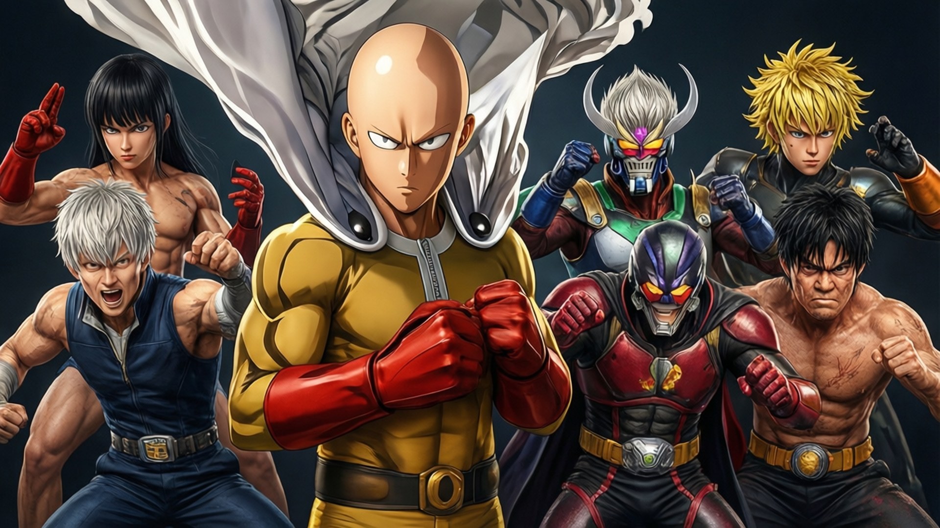 Hero Team Stand 壁紙 — 一個由七名肌肉發達的戰士組成的動態動漫團體，穿著色彩繽紛的服裝，在黑暗背景下擺出挑釁姿勢。